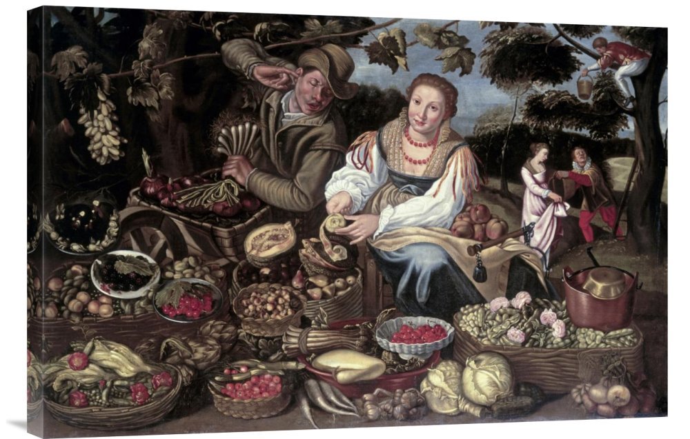 Vincenzo Campi Fruit & Vegetable Market Canvas Wall Art Print - Gallery Wrap Giclee Painting - Farmhouse Kitchen Decor, Dining Room Wall Decor, Vintage Still Life Artwork
