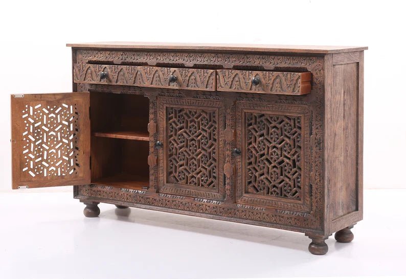Brown Wooden Carved 3-Door 3-Drawer Sideboard Buffet Table - Rustic Dining Room Storage Cabinet for Kitchen, Living Room & Entryway