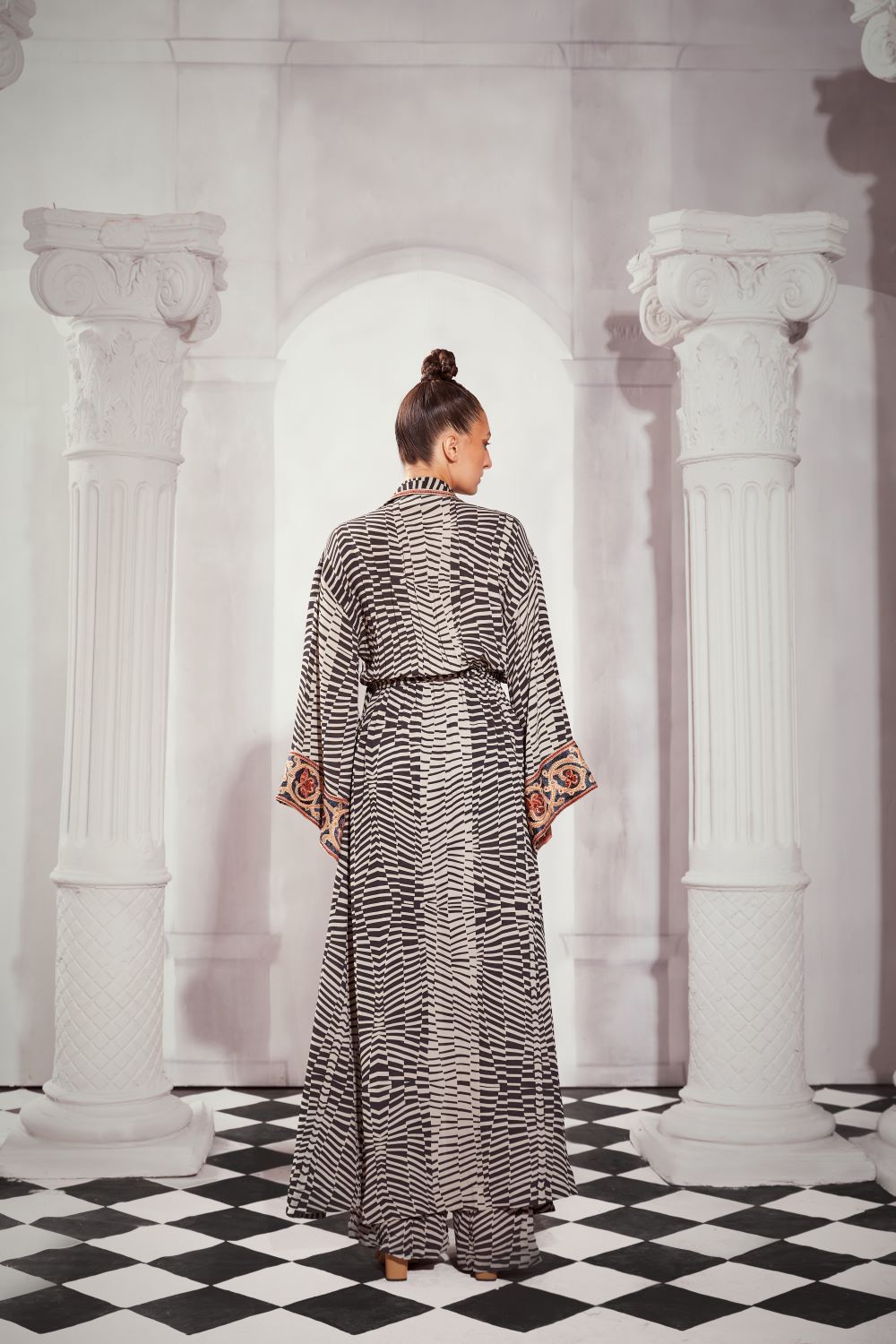 Black & White Byzantine Print Slit Dress with Tile Thread Embroidery - Elegant Evening Gown for Women, Perfect for Parties, Weddings & Special Occasions