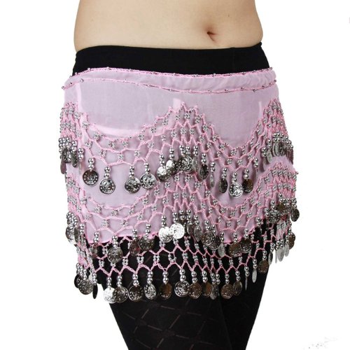 Vogue Style Pink Chiffon Belly Dance Hip Scarf with Dangling Silver Coins - Perfect for Dance Performances, Costume Parties & Boho Fashion Accessories