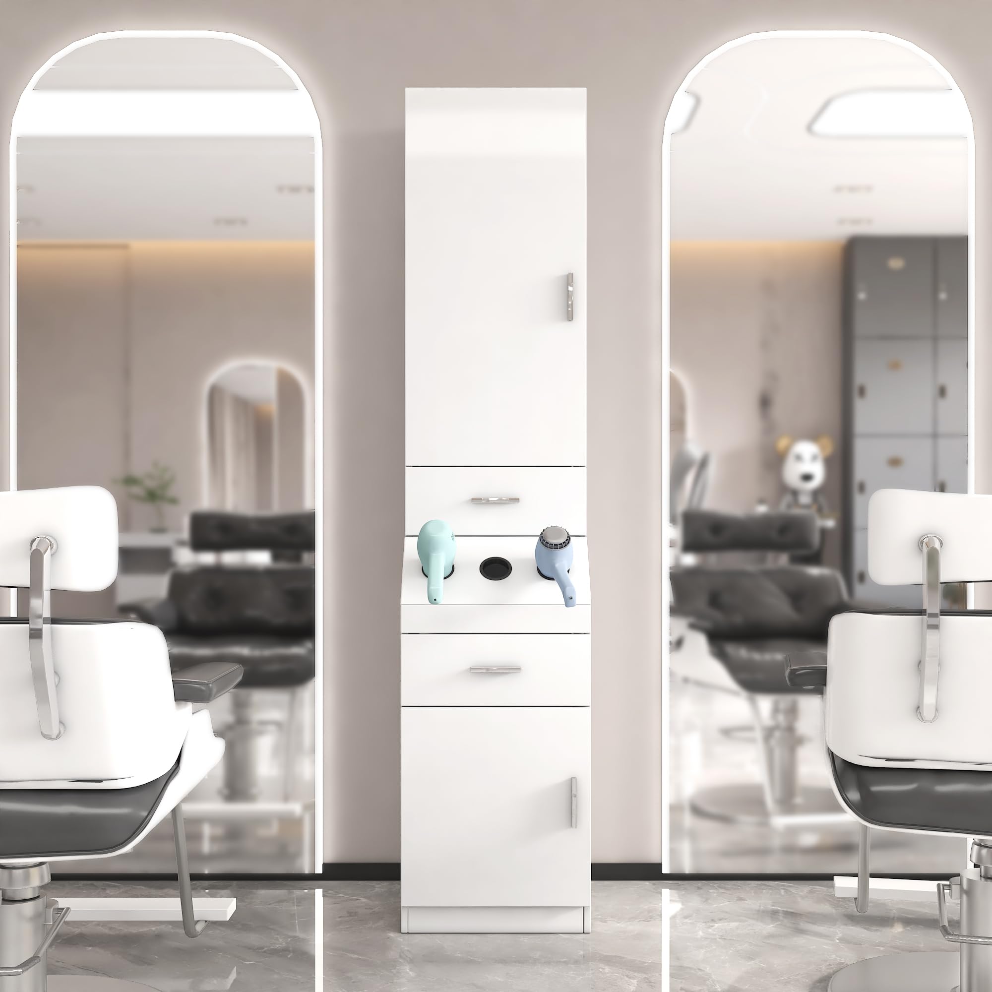 Professional Barber Station with 2-Tier Storage Shelf & 2 Drawers - Hair Styling Cabinet with Door, Large Storage & 3 Hot Tool Holders - Perfect for Salon, Home Hairdressing & Beauty Stations