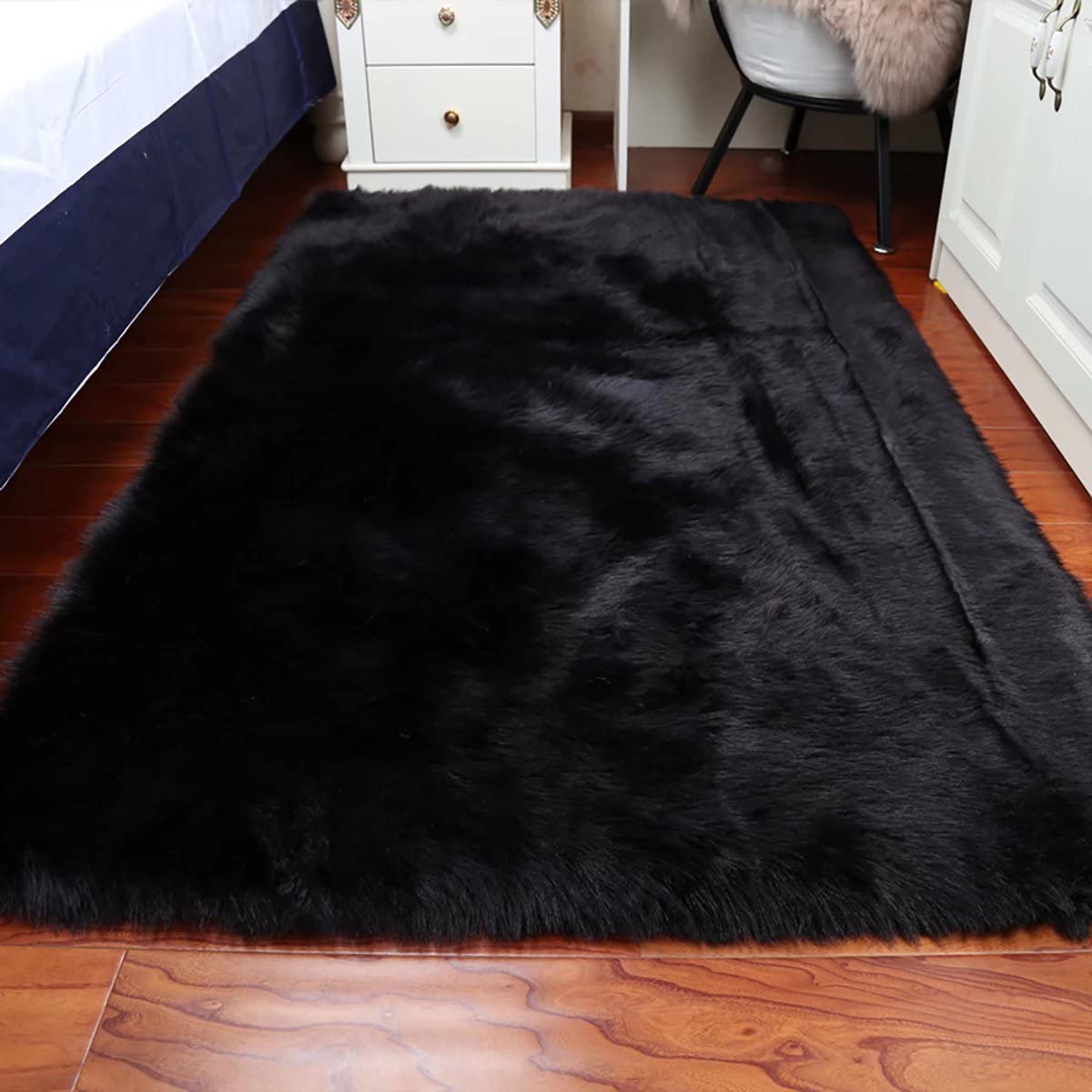 Luxury Faux Sheepskin Fluffy Area Rug - Soft Furry Carpet for Bedroom, Living Room, Nursery - 6' x 9' Black - Cozy Home Decor, Perfect for Floor Seating & Bedside Comfort