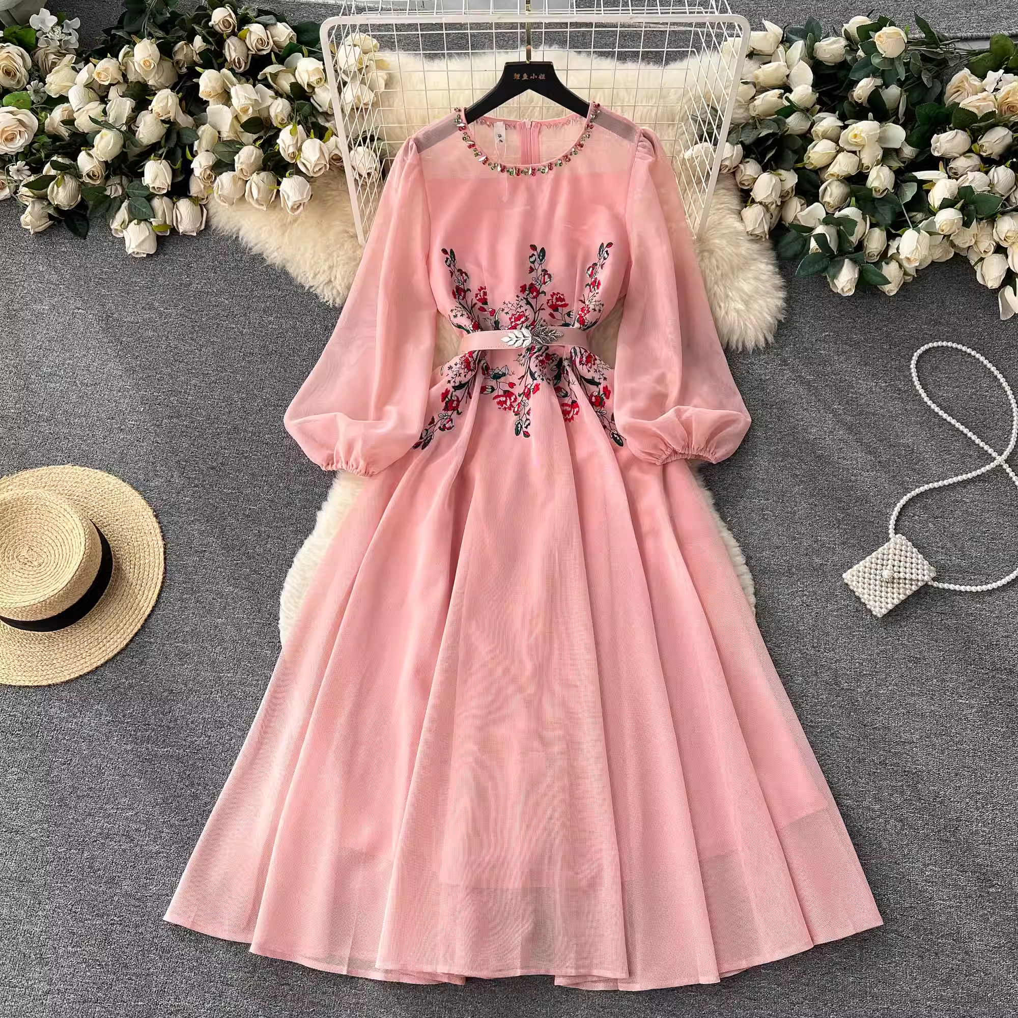 Elegant Embroidered Mesh Beaded Long Sleeve Fairy Dress for Women - Perfect for Autumn Weddings, Parties & Special Occasions