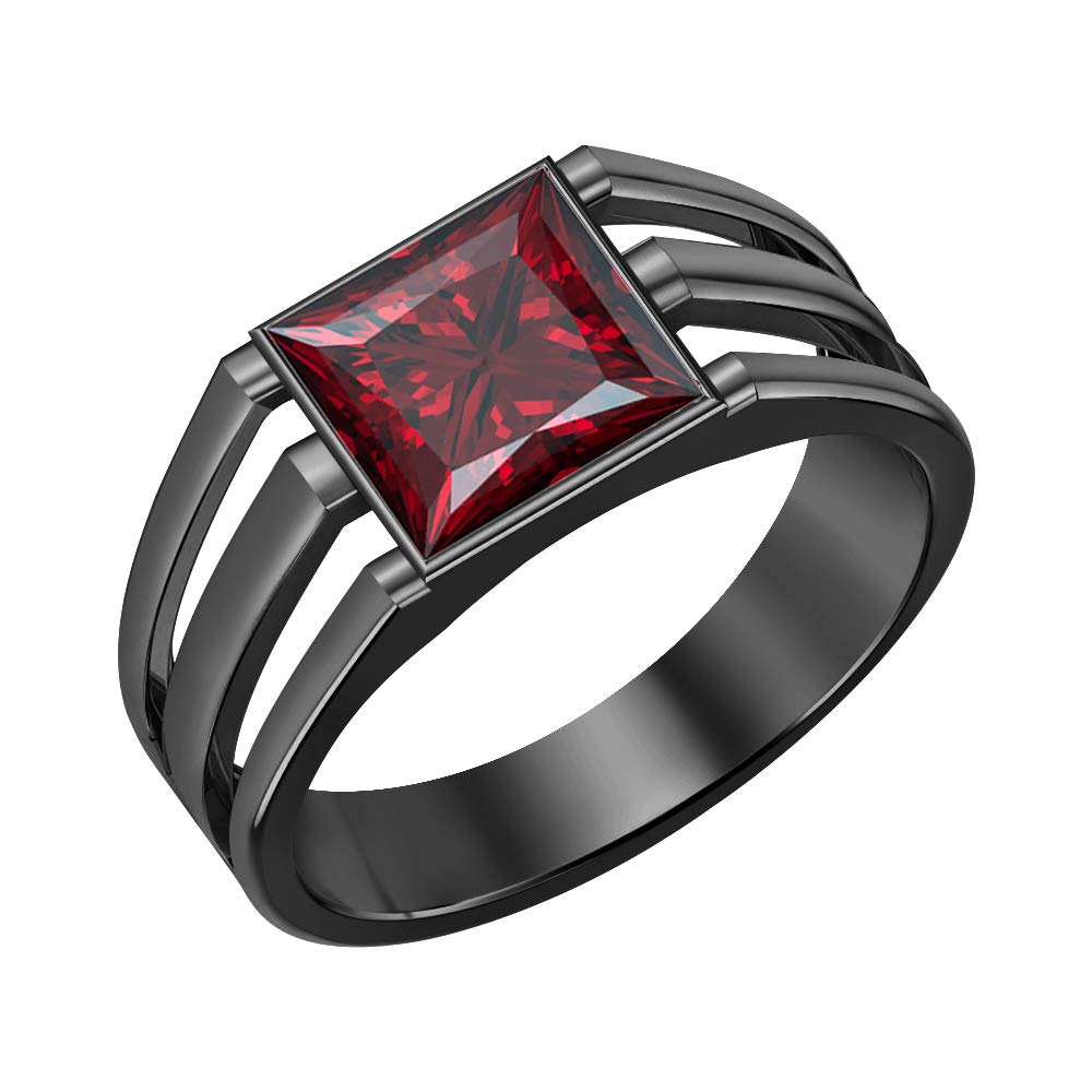 14K Black Gold Plated Solitaire Princess Cut Red Garnet Men's Wedding Band Ring - Elegant Engagement Ring for Him, Perfect for Proposals, Anniversaries & Special Occasions