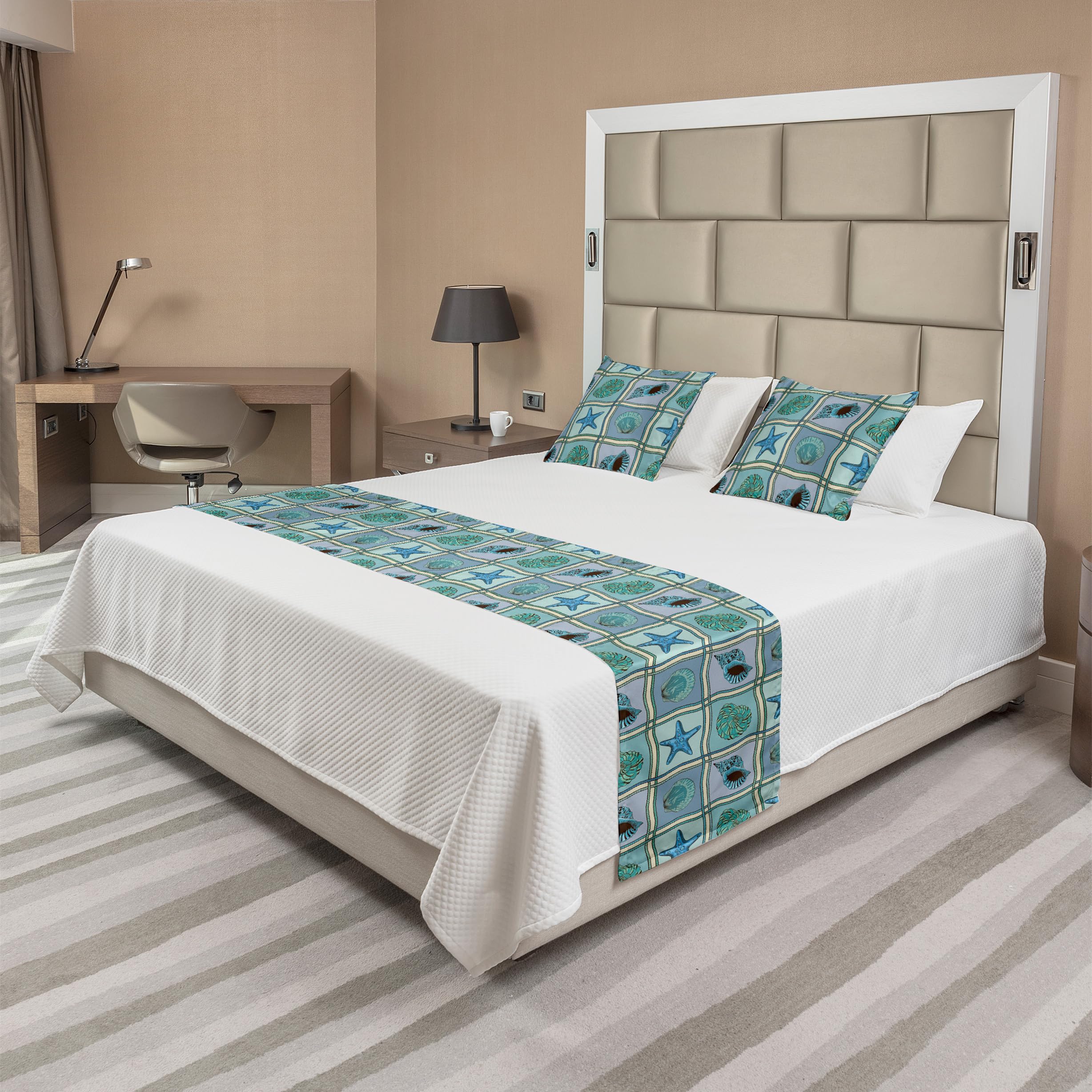 Ambesonne Starfish Bed Runner Set - Marine Patchwork Style with Starfish & Seashells Print - Decorative Bedding Scarf & Pillow Sham for King Size Beds - Perfect for Beach House, Coastal Decor & Hotel Rooms - Multicolor