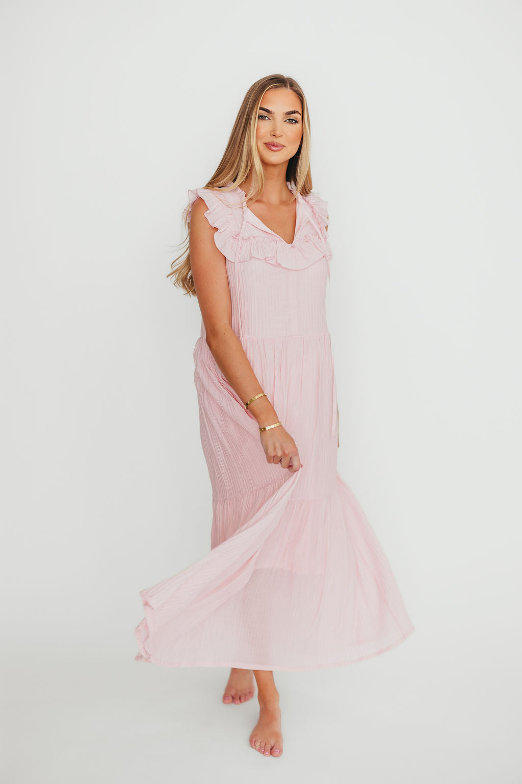 Brynn Ruffle Tiered Midi Dress for Women - Flowy Pink Summer Dress with Ruffled Hem | Perfect for Beach Vacations, Date Nights & Garden Parties