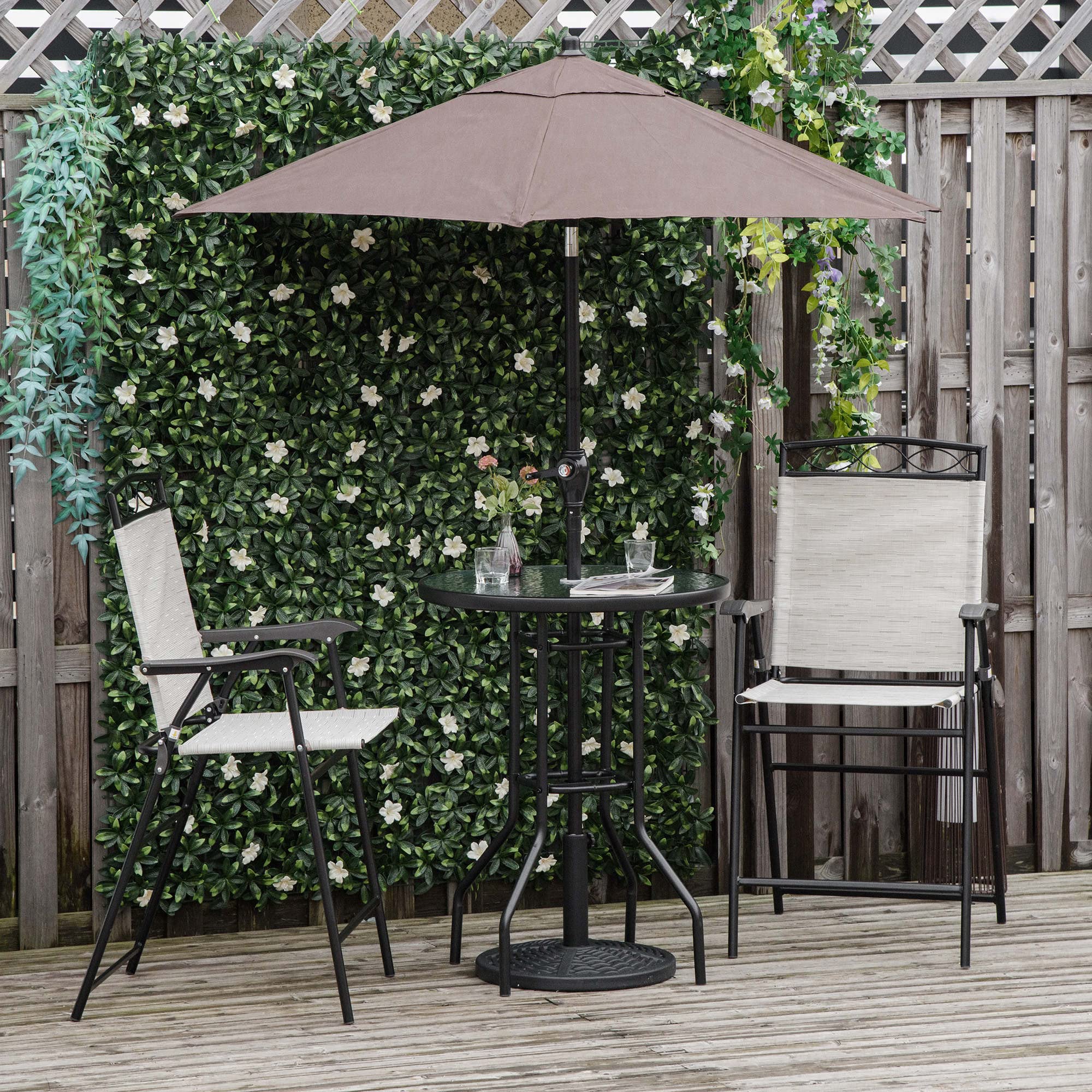 Outsunny 4-Piece Outdoor Patio Dining Set with 2 Folding Chairs, Adjustable Umbrella & Tempered Glass Table - Beige Wicker Furniture for Garden, Backyard, Poolside or Balcony