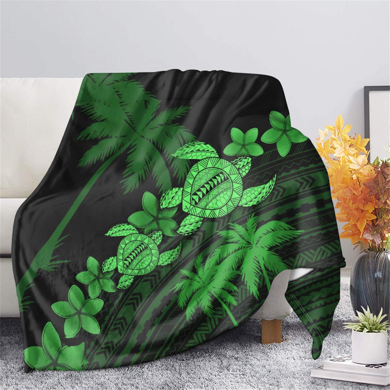 Hawaiian Green Palm Tree Plumeria Polynesian Samoa Sea Turtle Print Soft Flannel Blanket - Cozy Throw Blanket for Bed, Couch & Sofa - Perfect for Beach Picnics, Camping & Home Decor