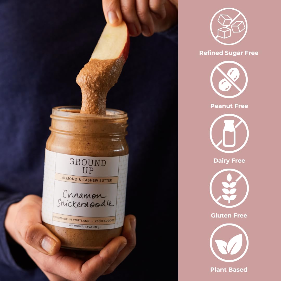 Organic Almond & Cashew Butter - Cinnamon Snickerdoodle Flavor - Peanut-Free, Dairy-Free, Gluten-Free, Vegan - 12oz (2 Jars) - Perfect for Smoothies, Toast & Healthy Snacks