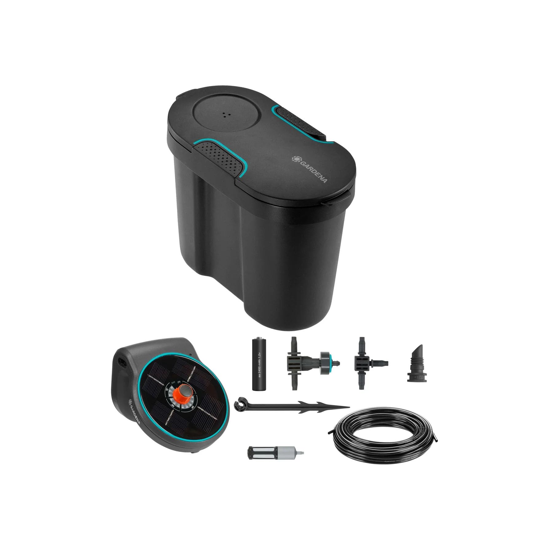 GARDENA (13301) Solar-Powered AquaBloom Garden Irrigation Sprinkler Kit with Water Tank - Automatic Watering System for 20 Potted Plants, Adjustable Drip Irrigation - Perfect for Patio, Balcony & Outdoor Plant Care