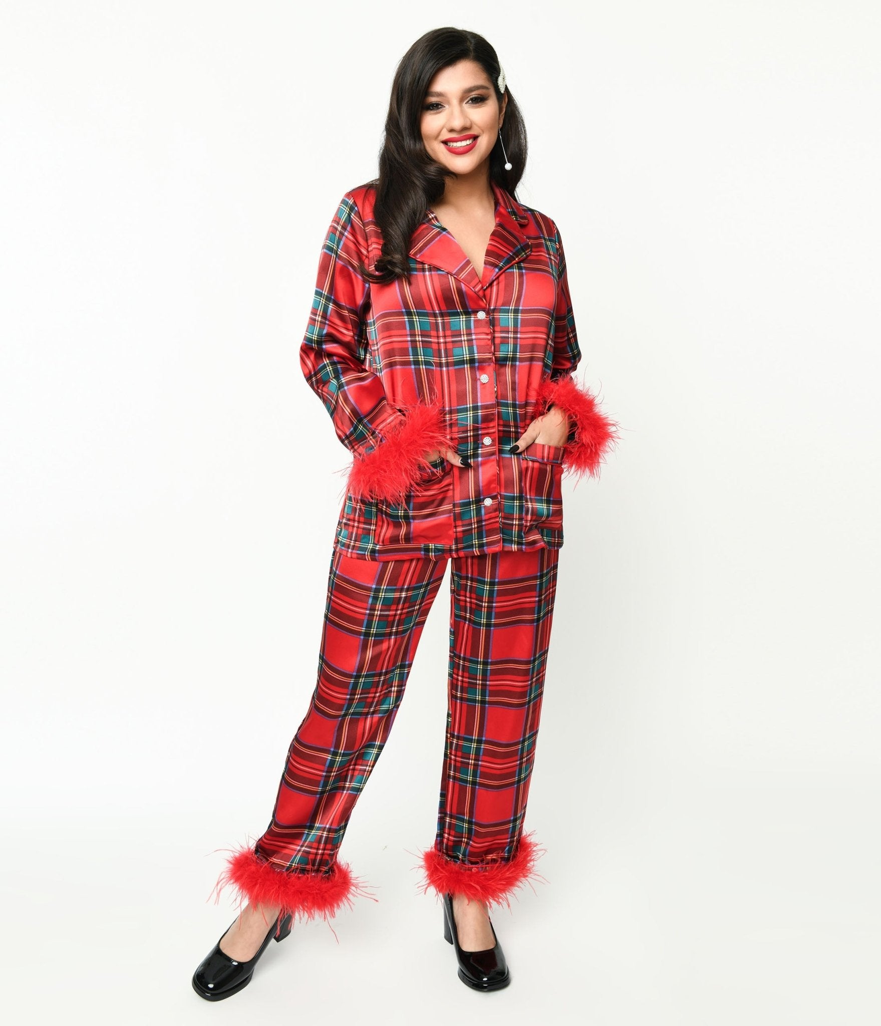 Red Tartan & Feather Trim Pajama Set - Cozy Women's Sleepwear for Christmas, Winter Nights & Loungewear