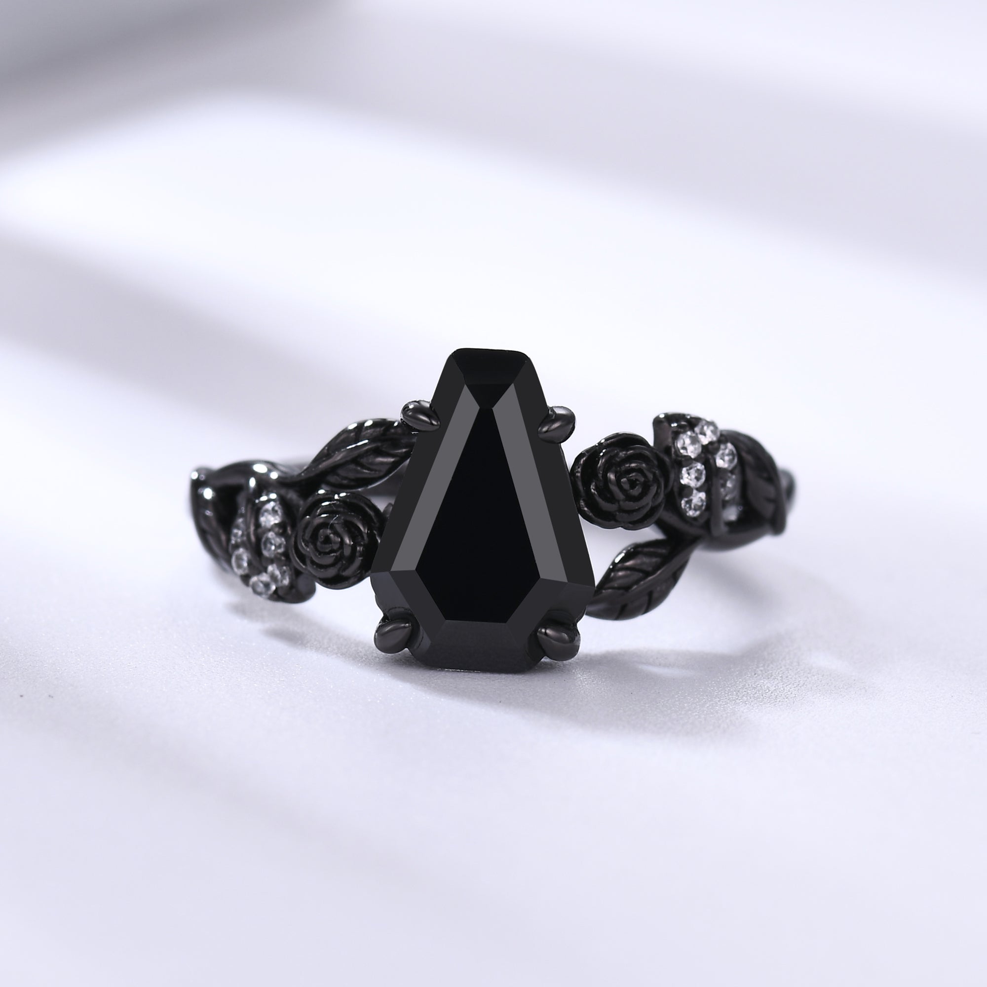 Black Onyx Coffin Gothic Engagement Ring - Unique Black Gold Flower Design for Women | Nature Inspired Alternative Wedding Band, Gothic Jewelry for Dark Romance & Vampire Themed Weddings