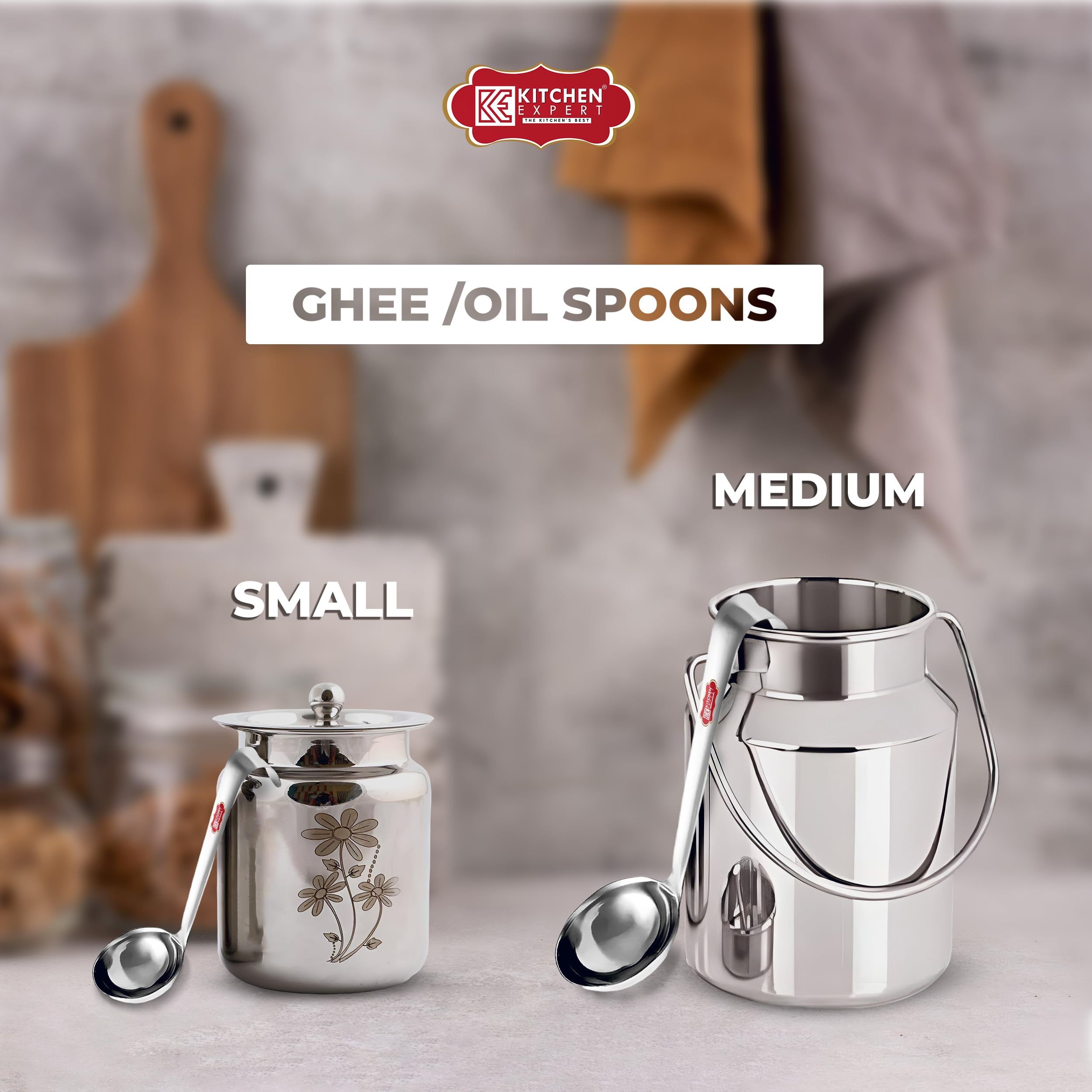Premium Stainless Steel Ghee Spoon Set - Small & Medium Ladles for Ghee, Oil & Honey - Perfect for Jars, Pots & Containers - 2 Piece Kitchen Utensil Set for Cooking, Baking & Serving