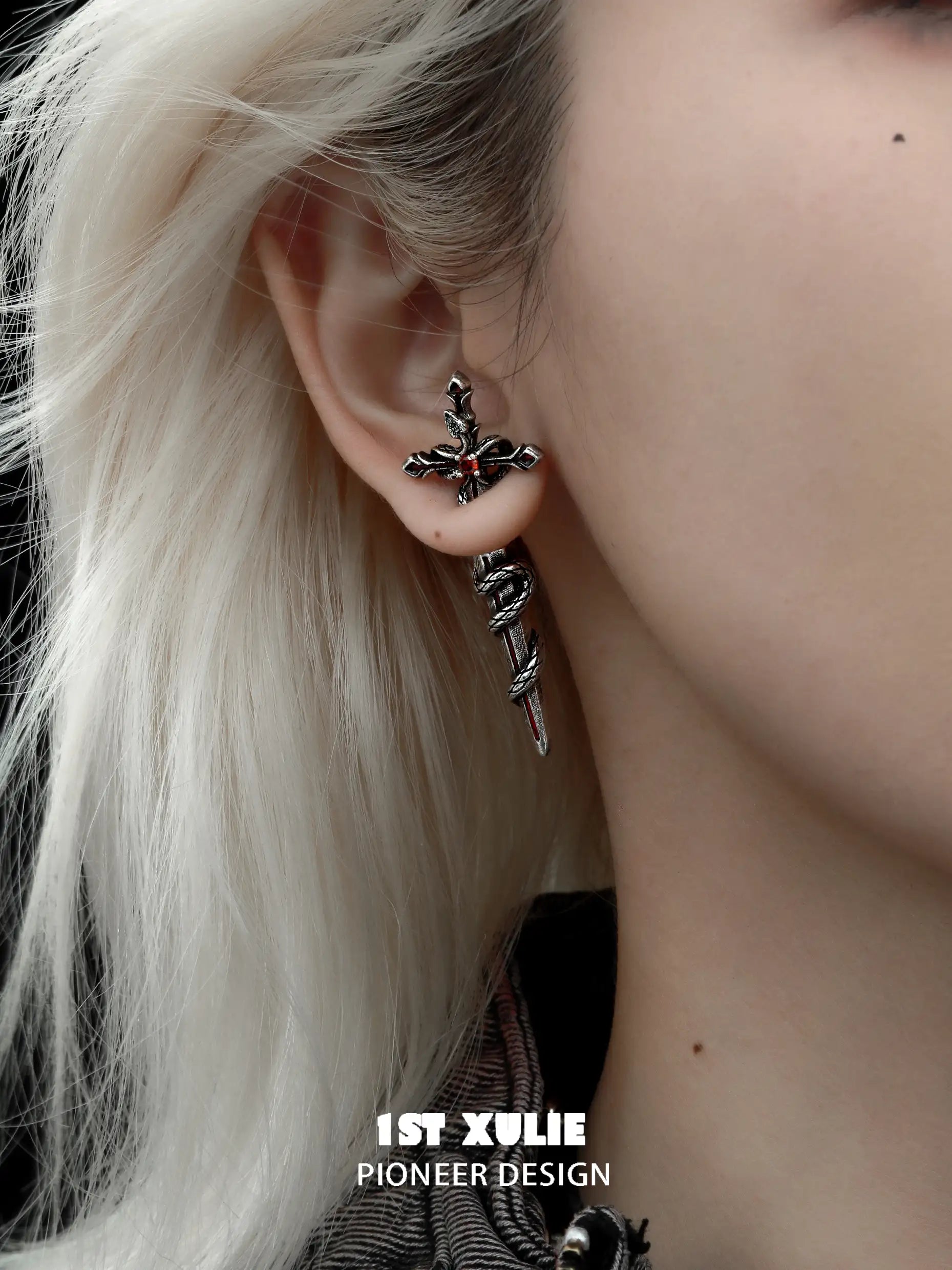 S925 Sterling Silver 18k Gold Plated Snake Bite Sword Chain Stud Earrings for Women - Gothic Punk Jewelry for Parties, Concerts & Night Out