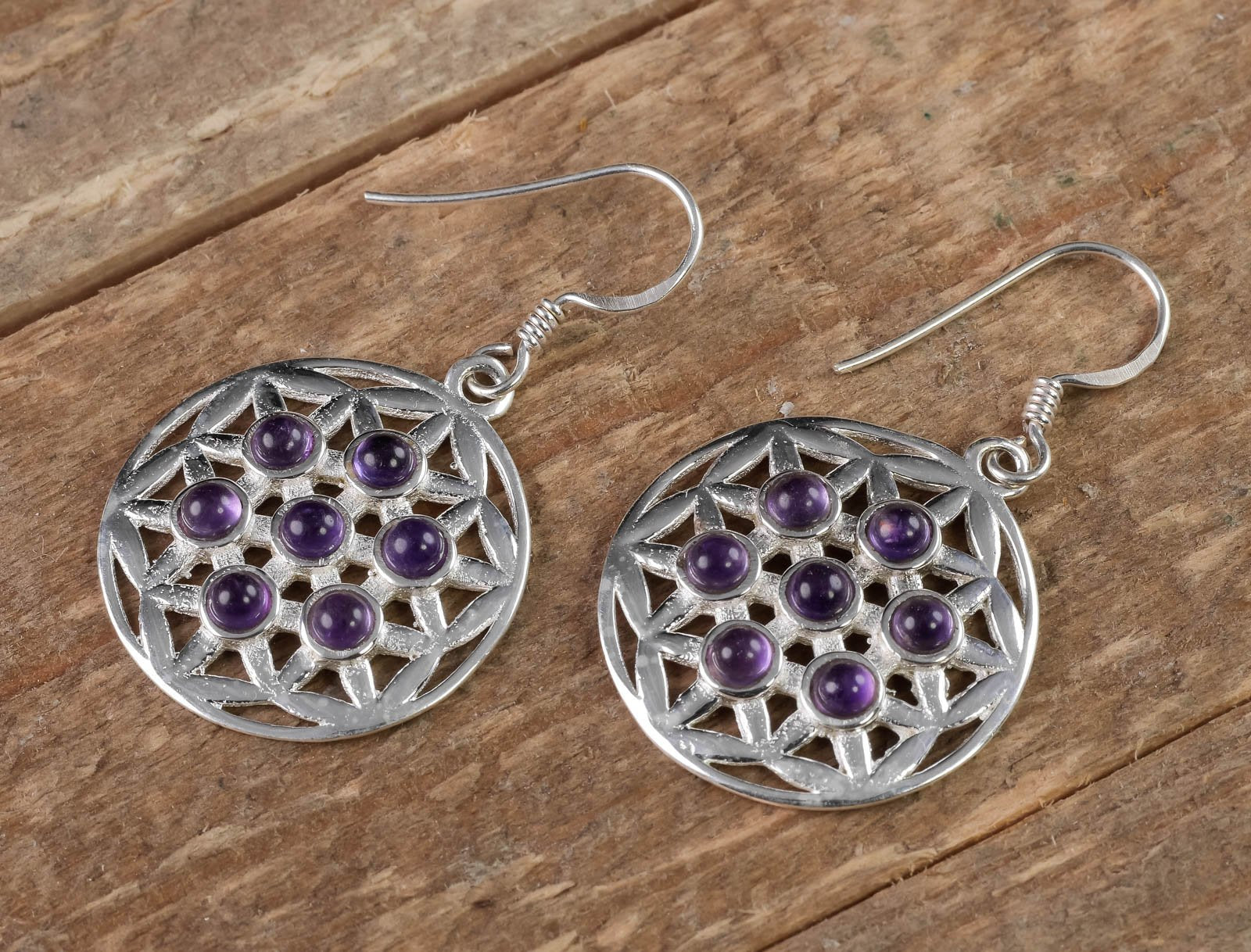Amethyst Crystal Statement Earrings - Sacred Geometry Flower of Life Dangle Earrings with Healing Stones | Spiritual Jewelry for Meditation, Yoga & Energy Healing