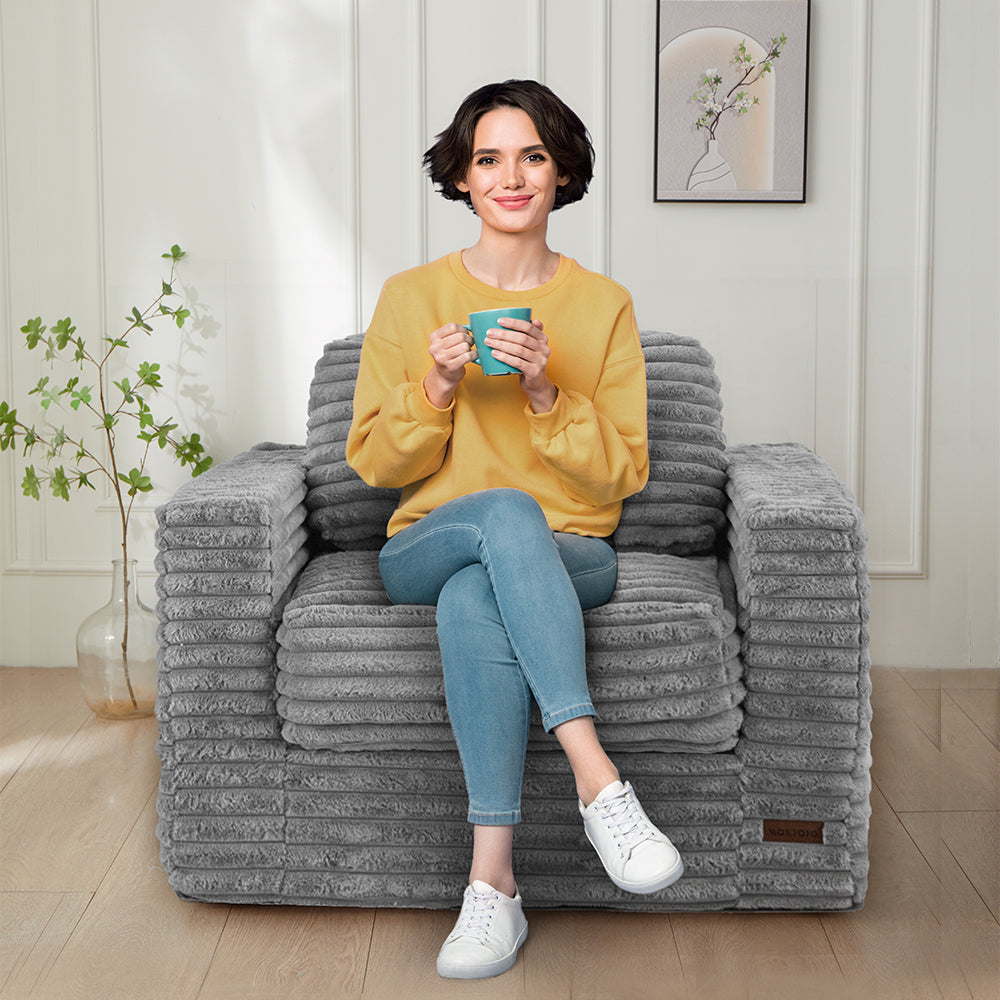 MAXYOYO Oversized Bean Bag Chair - Grey Striped Faux Fur Floor Sofa with Removable Pillows & Armrests - Perfect for Living Room, Bedroom, Game Room and Dorm Lounge