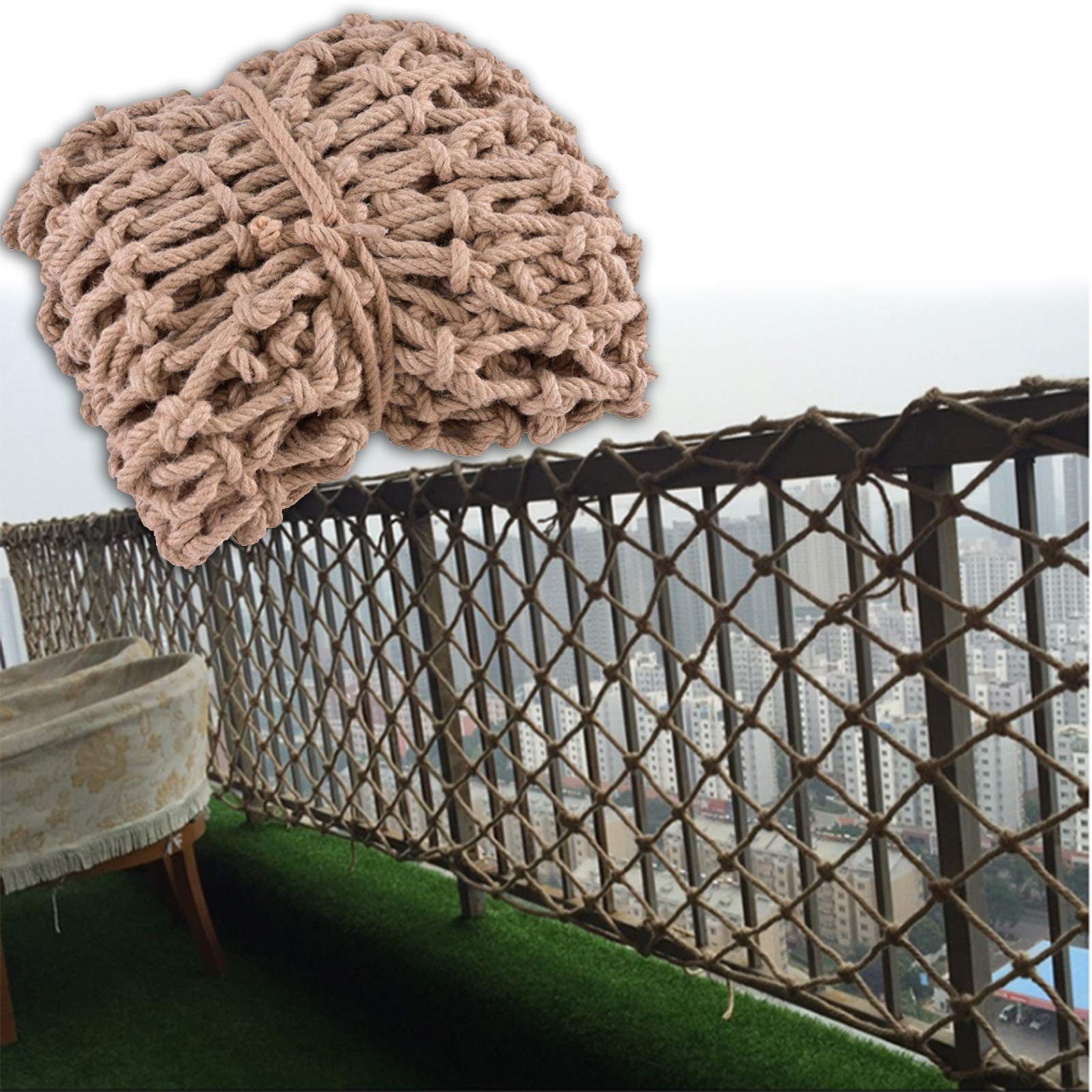 MAHFEI Kids Safety Net for Balcony, Playground, and Climbing - 2x5m Beige Hemp Rope Protective Barrier (12mm/10cm) | Childproof Home & Outdoor Decor | Perfect for Apartments, Daycares, and Backyards