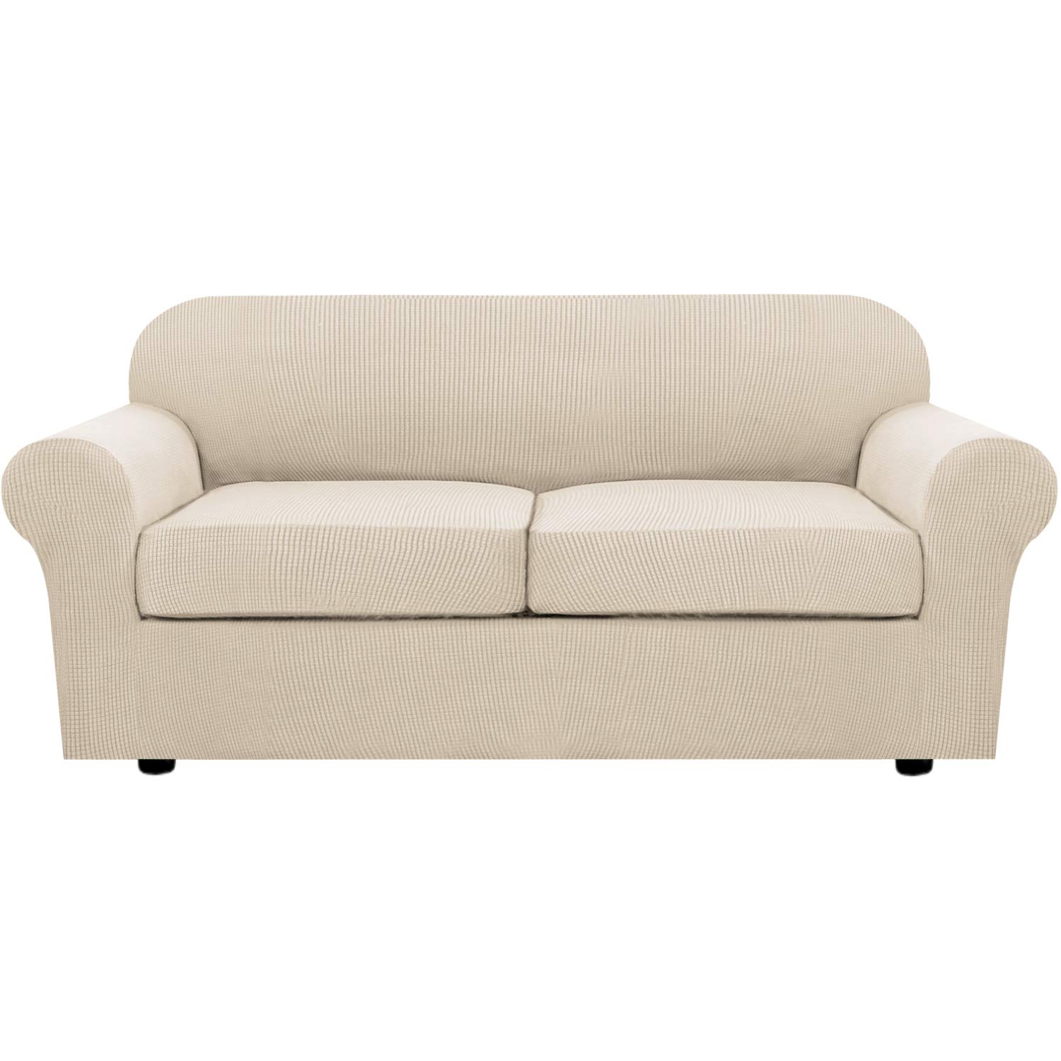 H.VERSAILTEX 3-Piece Stretch Sofa Cover Set for 2-Cushion Couches - Thick Jacquard Fabric Slipcover with Base & Seat Covers (Natural, Large) - Perfect for Living Room, Family Room & Home Decor Protection