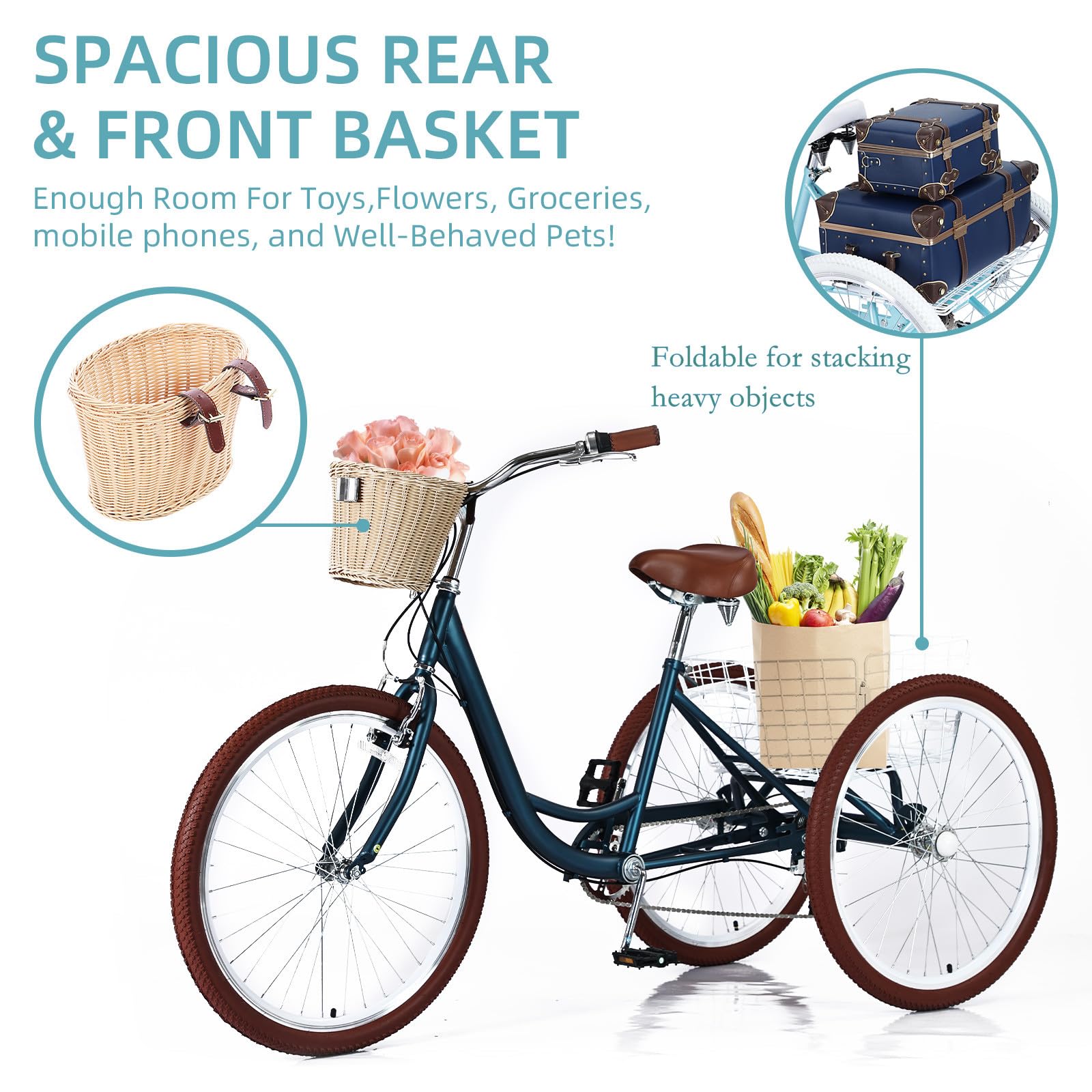 **7-Speed Adult Tricycle for Men & Women - 20/24/26 Inch 3-Wheel Bike with Basket - Comfortable Cruiser Trike for Seniors & Adults - Perfect for Grocery Shopping, Leisure Rides & Outdoor Exercise**