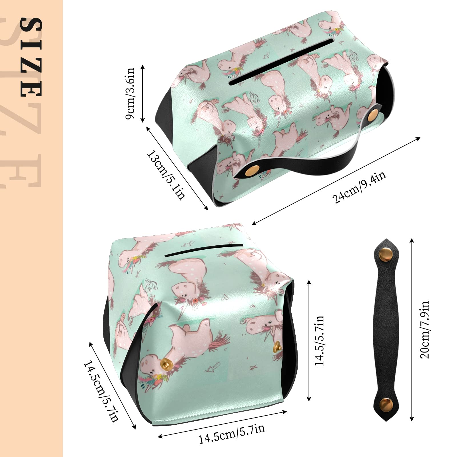 Seamless Cute Cartoon Pink Unicorn Tissue Box Cover – Turquoise Square Leather with Handle for Bathroom, Home, Office & Car (9.4x5.1x3.6 in) – Perfect for Nightstands, Vanity Countertops & Desk Decor