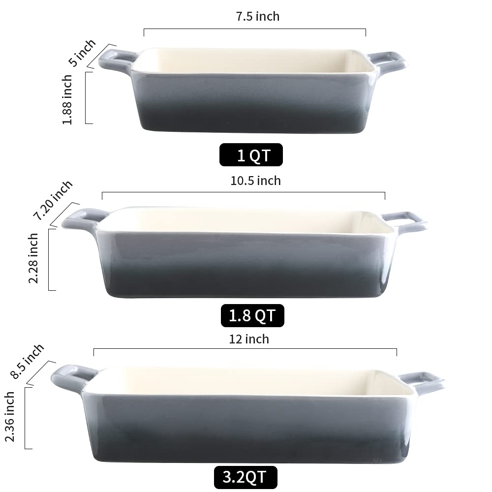 KOOV 3-Piece Ceramic Bakeware Set - 12 x 8.5 Inch Rectangular Baking Dish & Pans for Cakes, Casseroles, Lasagna, Roasting - Oven & Microwave Safe Kitchen Essentials (Gradient Gray) | Perfect for Holiday Baking, Dinner Parties & Everyday Cooking