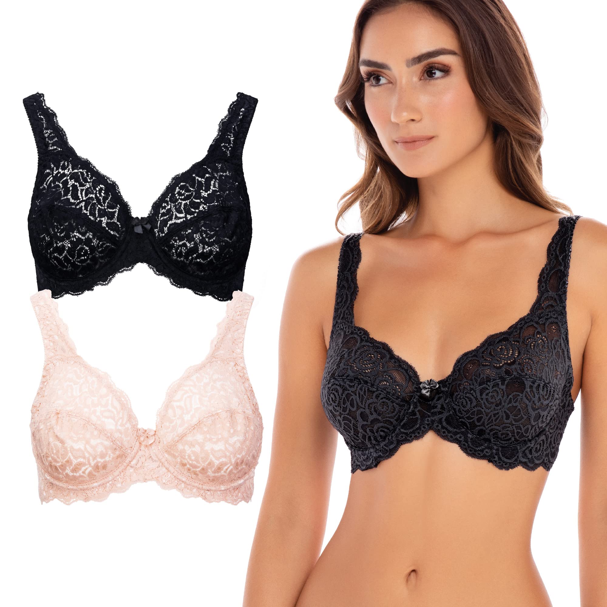 2 Pack Unpadded Stretch Lace Underwire Bras - Comfortable Support for Everyday Wear, Perfect for Work, Date Night & Special Occasions