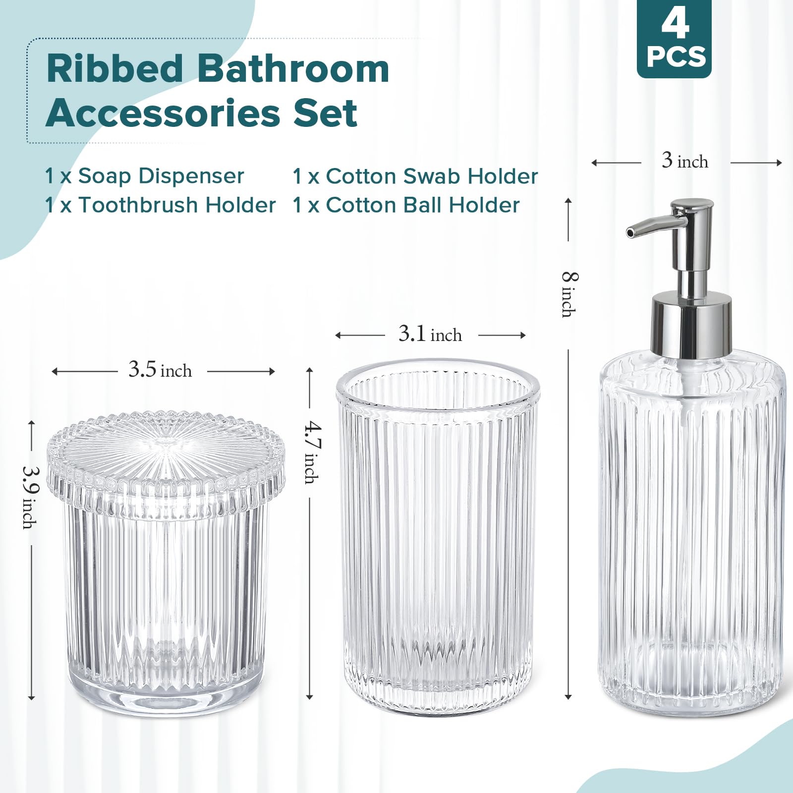 4-Piece Clear Glass Bathroom Accessories Set - Modern Ribbed Soap Dispenser, Toothbrush Holder & 2 Qtips Holders | Sleek Silver Countertop Decor for Bathroom, Vanity & Guest Bath Organization