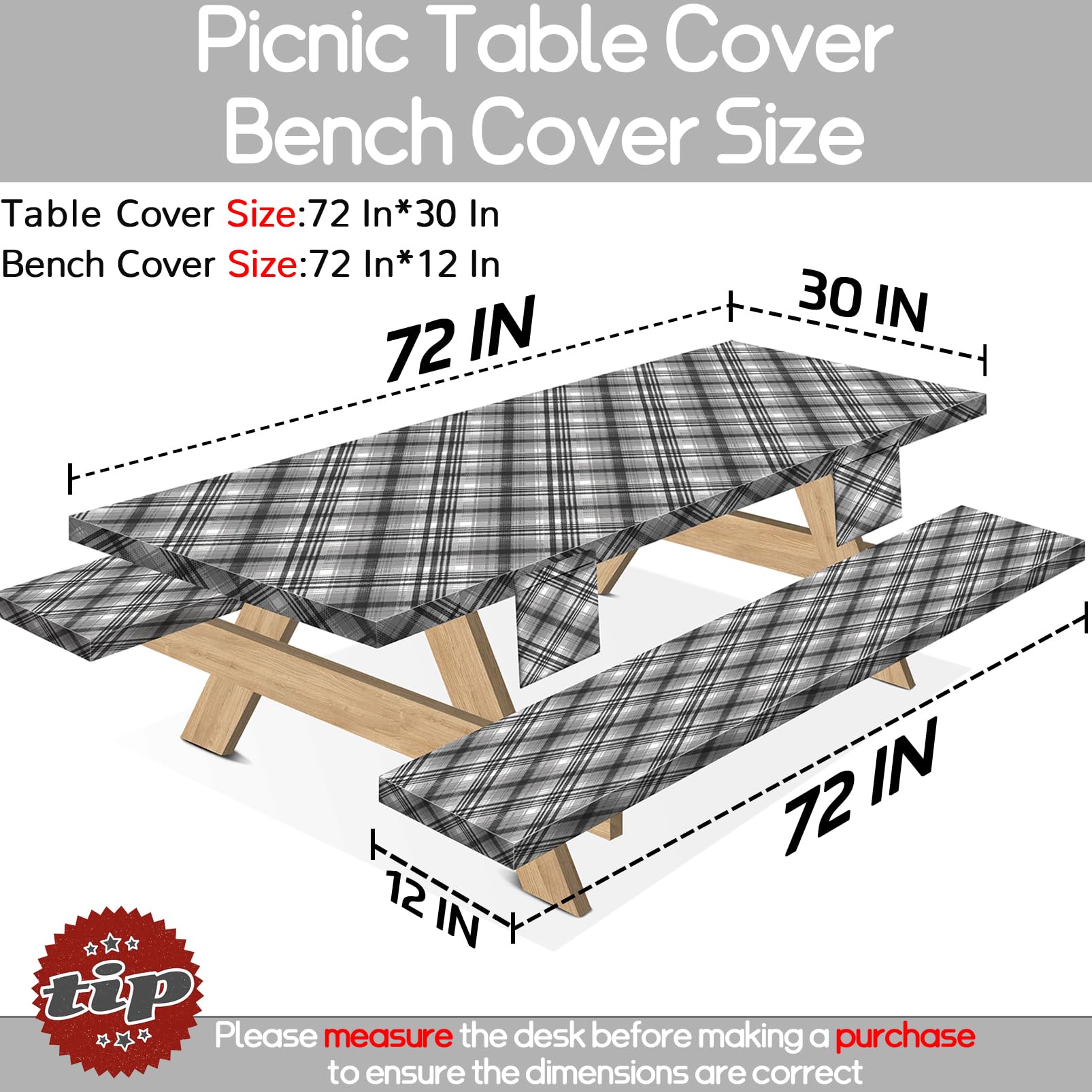 Waterproof Picnic Table Cover with Bench Covers 72x30 Inch - Fitted Rectangle Camping Tablecloth with Elastic for Outdoor, RV, Travel, and Summer Parties - Red Checkered Design for Picnics, BBQs, and Family Gatherings