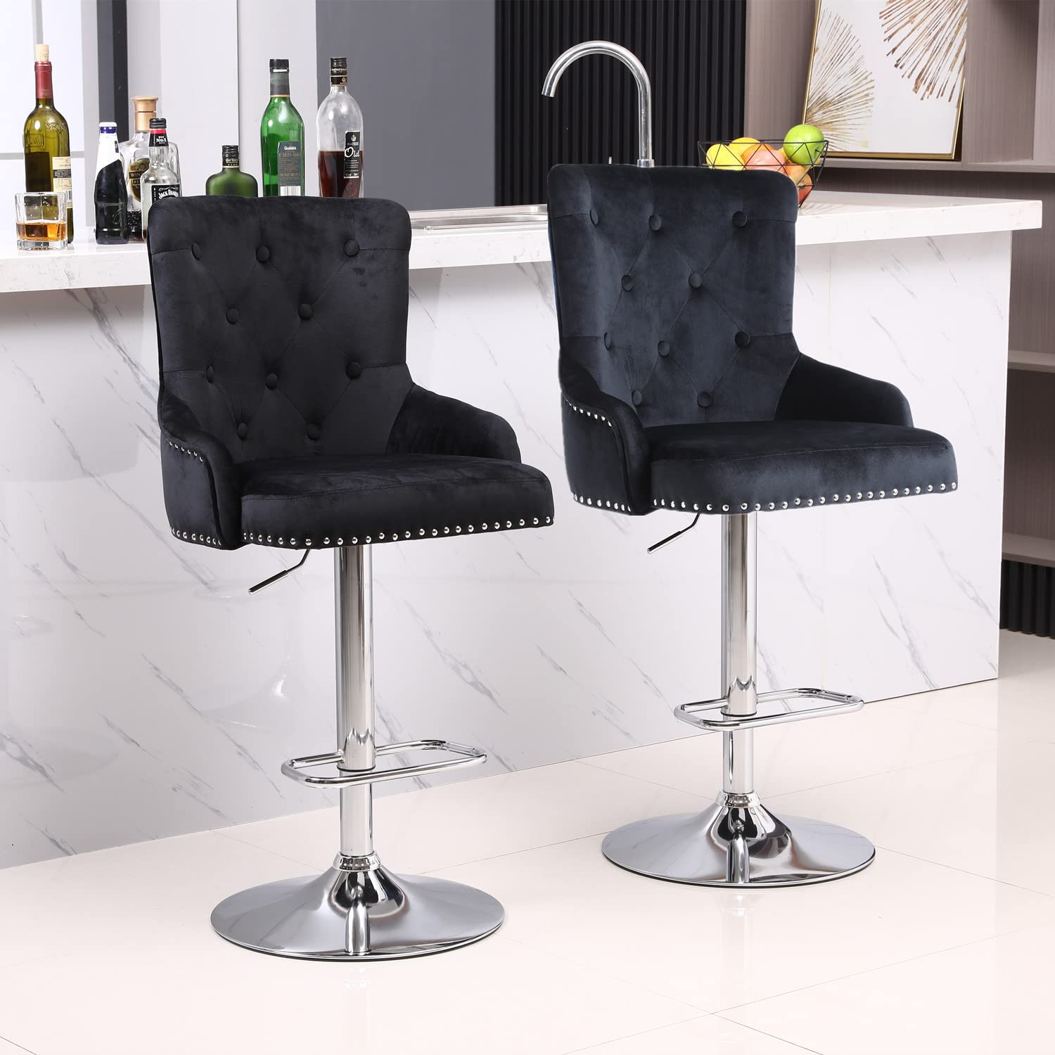 Velvet Adjustable Bar Stools with Backrest - Black Counter Height Kitchen Island Chairs for Dining Room, Home Bar, and Breakfast Nook (Set of 2)