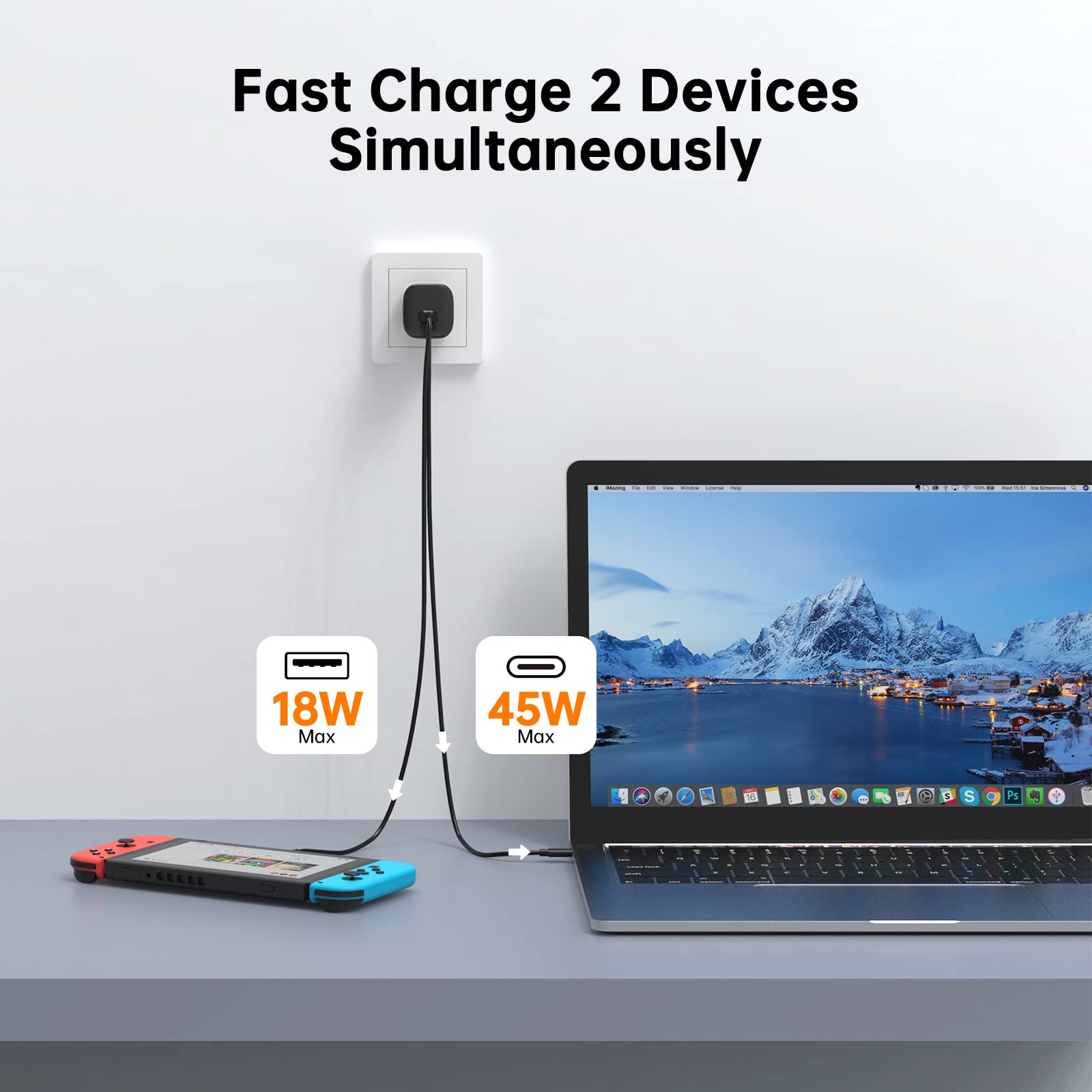 NOVOO 67W GaN Fast Charger with 2-Port USB C PD - Compact Wall Charger for MacBook Pro/Air, iPad Pro, Pixel 7, Dell XPS 13, iPhone 14, Galaxy S23 (Black) | Perfect for Travel, Office & Home Use