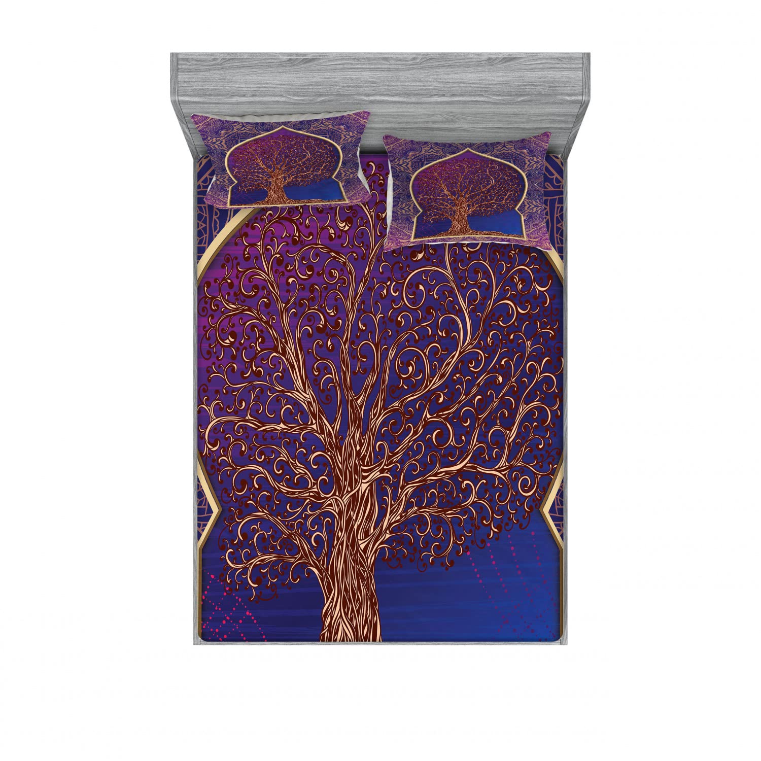 Ambesonne Moroccan 2-Piece Queen Size Fitted Sheet Set with 4 Pillow Shams - Retro Branches Medieval Design in Purple & Blue - Soft Bedding Decor for Master Bedroom, Guest Room & Vacation Homes