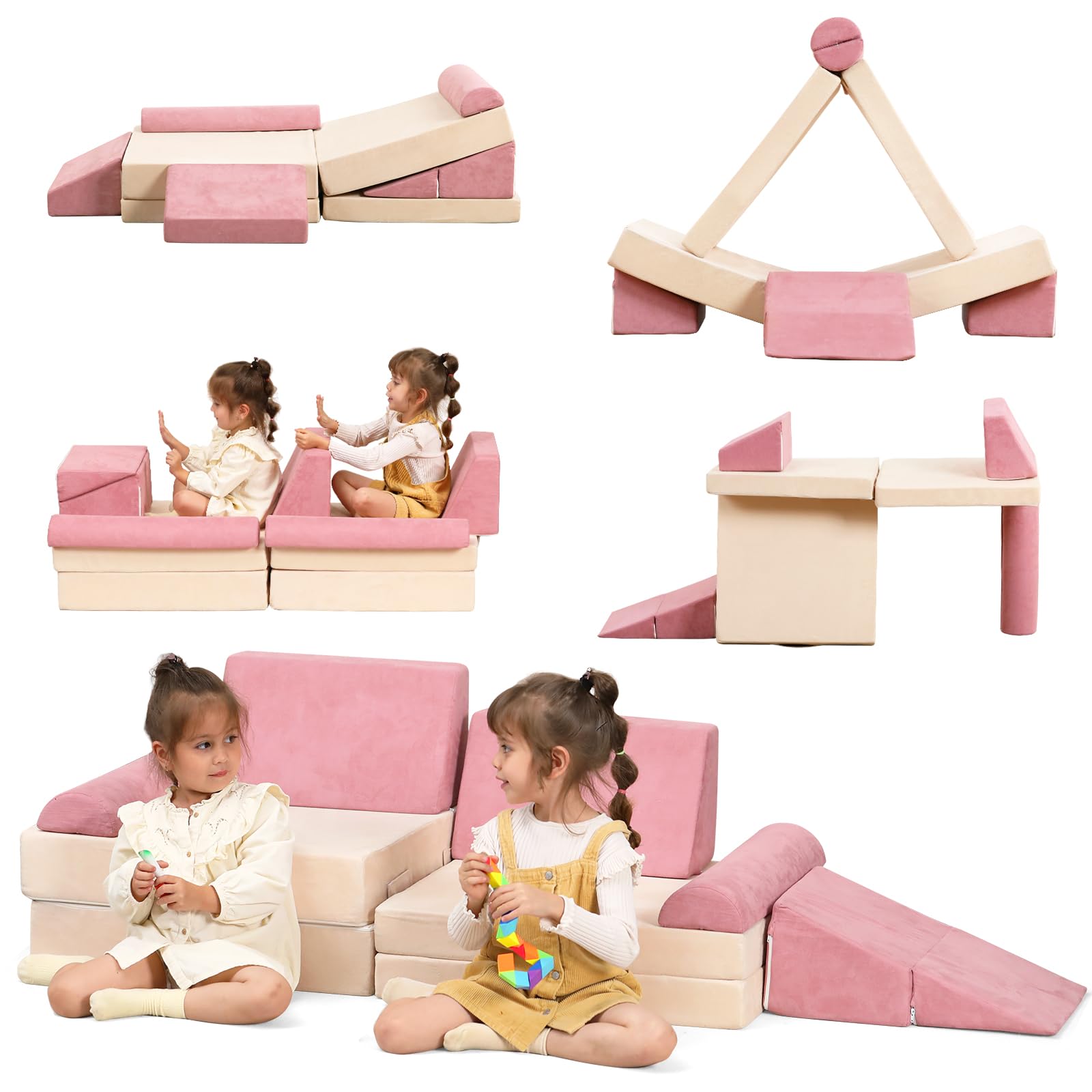 Annualring Kids Play Couch - 9 Piece Modular Foam Sofa Set for Toddlers to Teens | Creative Indoor/Outdoor Imaginative Play Furniture | Perfect for Bedrooms, Playrooms & Homeschooling (Beige & Pink)
