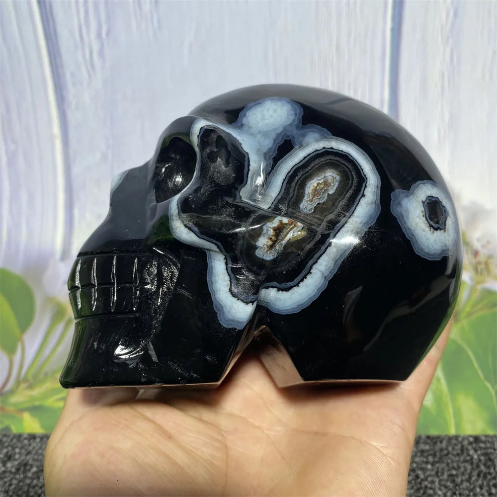 1002g Natural Black Onyx Crystal Agate Skull Raw Stone Quartz Handmade Sculpture - Spiritual Meditation, Reiki Healing, Home Decor & Unique Gift for Collectors