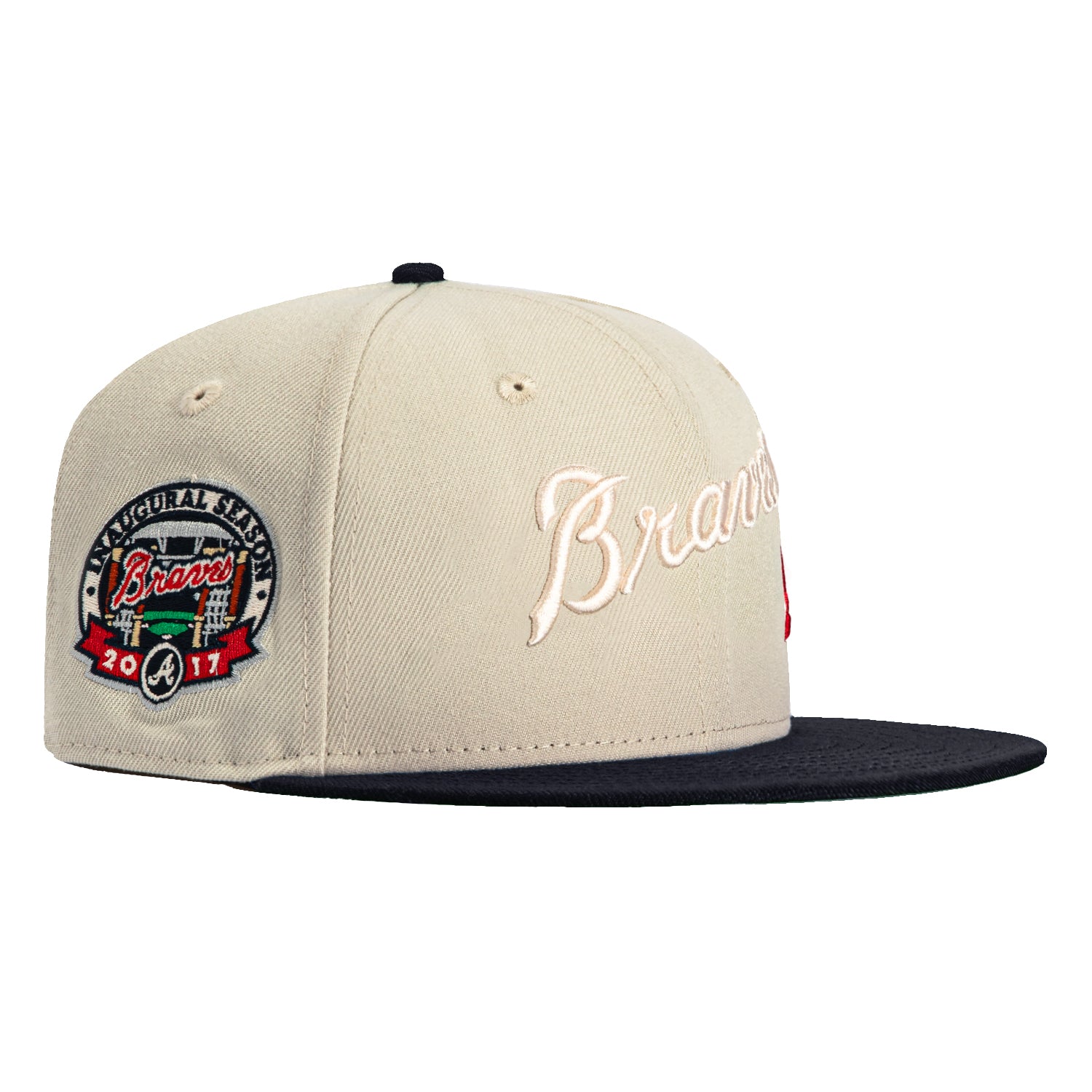 New Era 59Fifty Flawless Script Atlanta Braves Inaugural Patch Hat - Stone & Navy - Official MLB Baseball Cap for Men & Women - Perfect for Games, Collecting & Streetwear Fashion