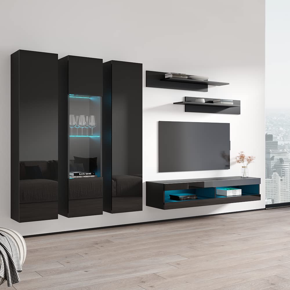 Modern Wall-Mounted TV Stand with Storage & LED Lights - 34