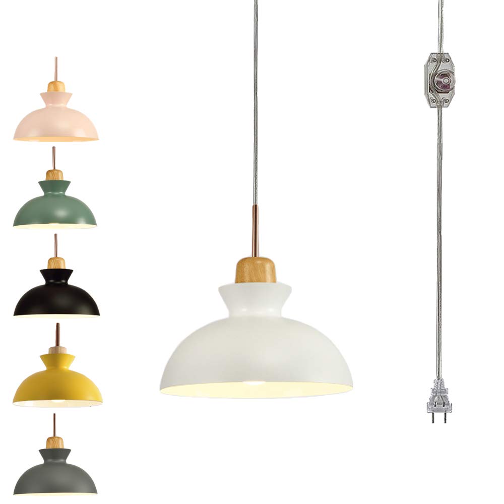 Plug-in Hanging Swag Lamp with Wooden Handle - 15ft UL Certified Cord & On/Off Dimmer Switch - Macaron White Nordic Minimalist Pendant Light (Bulbs Not Included) - Perfect for Dining Room, Bedroom or Kitchen Decor