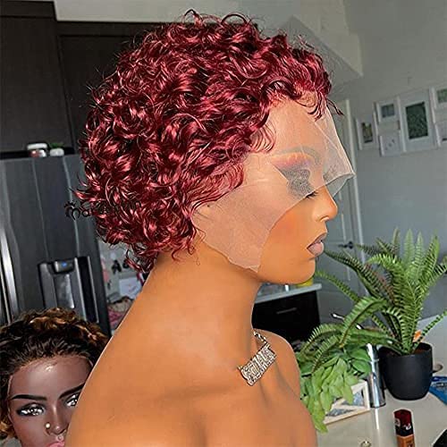 13x4x1 Lace Front Human Hair Wigs for Black Women - 180% Density Pixie Cut Curly Short Bob Wig with Baby Hair | 8 Inch 99J Natural Looking Hairpiece for Daily Wear, Parties & Special Occasions