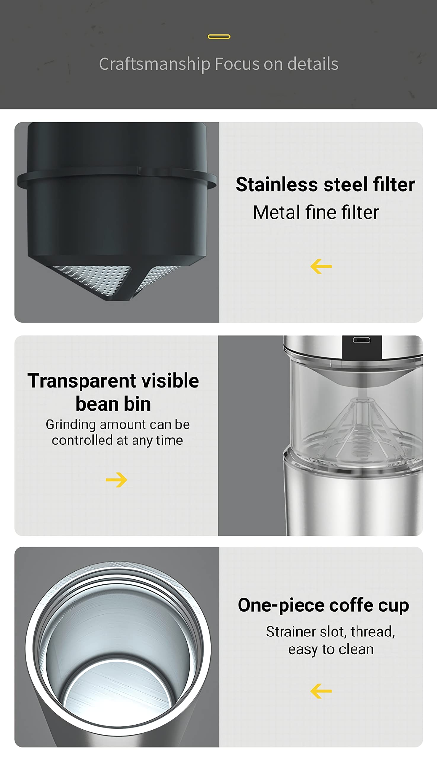 Rechargeable Portable Coffee Maker with Electric Grinder - 3-in-1 USB Coffee Machine for Home & Office - Compact Travel Coffee Brewer (2.87x2.87x9 Inches, Silver Gray YX-911) - Perfect for Camping, Dorm Rooms & Small Kitchens