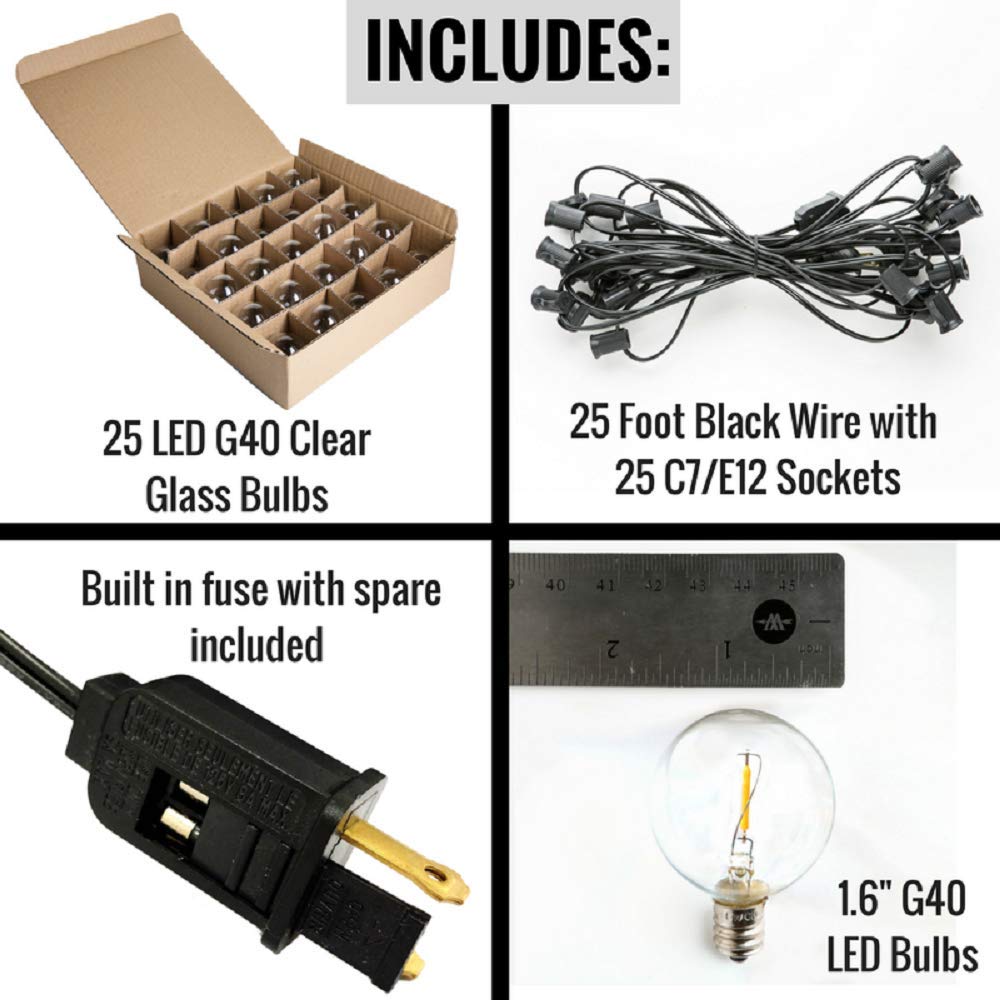 G40 LED Warm White Outdoor String Lights - 25ft Black Wire with 0.6W Edison Bulbs - Weatherproof Patio Lights for Garden, Backyard, Wedding & Party Decor
