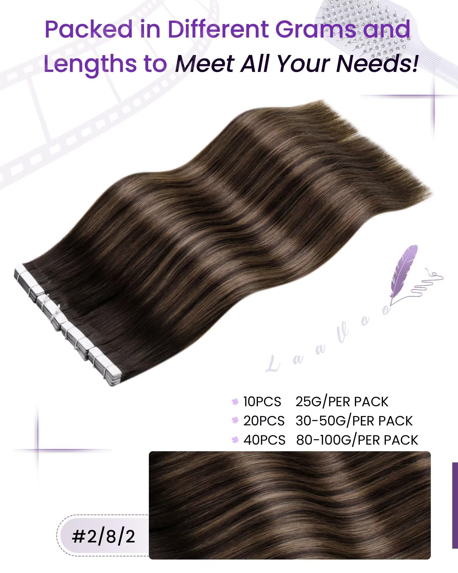 LaaVoo Ombre Tape-In Hair Extensions 20 Inch - Darkest Brown to Light Brown Blend, 20pcs 50g, 100% Human Hair, Silky Straight - Perfect for Parties, Weddings & Daily Styling
