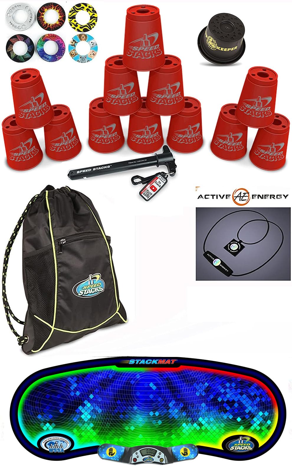 Speed Stacks Custom Combo Set - 12 Red Stacking Cups with Cup Keeper, Quick Release Stem, Pro Timer, Gen3 Mat, 6 Snap Tops & Stacker Backpack | Includes FREE Active Energy Power Balance Necklace ($49 Value) | Perfect for Speed Stacking Competitions, School PE Classes & Family Game Nights