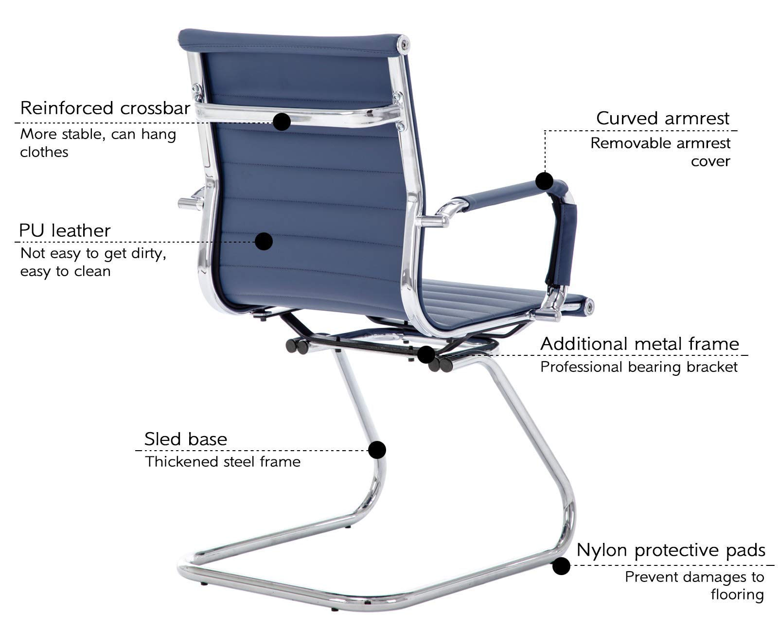 Guyou 4-Piece Office Reception Guest Chairs Set - Mid Back PU Leather Conference Chairs with Metal Legs & Sled Base - Navy Blue - Perfect for Waiting Rooms, Lobbies & Meeting Areas