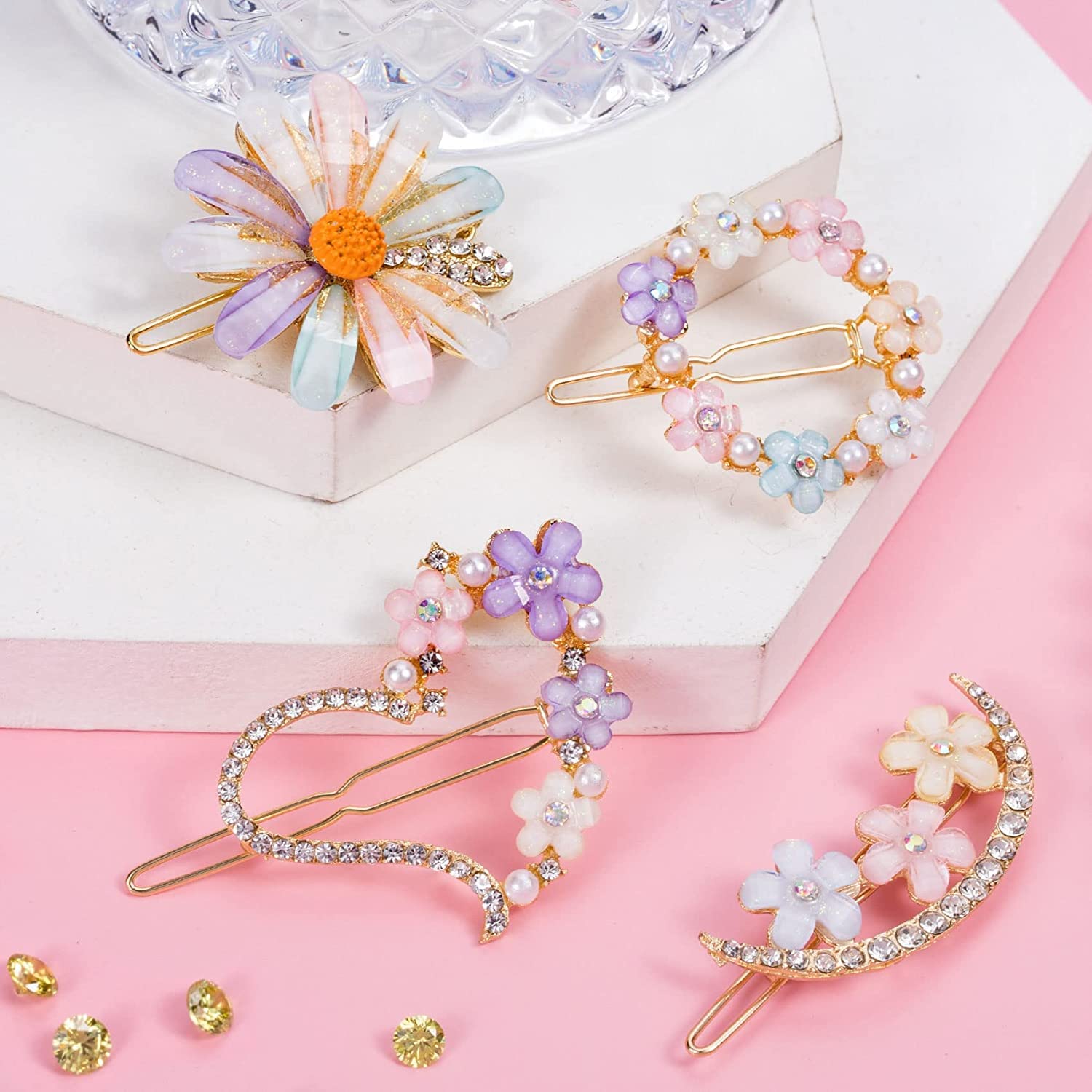 Elegant Rhinestone Hair Pins for Women - Geometric Metal Hair Clips with Sparkling Stones - Decorative Hair Accessories for Parties, Weddings & Everyday Style (Pack of 4)