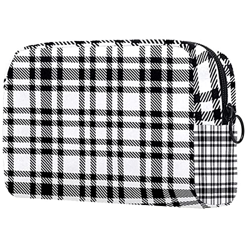 Large Travel Makeup Bag for Women - Waterproof Cosmetic Organizer with Brush Holder, Toiletry Pouch in White & Black Scottish Plaid - Perfect for Vacation, Gym, and Daily Essentials Storage