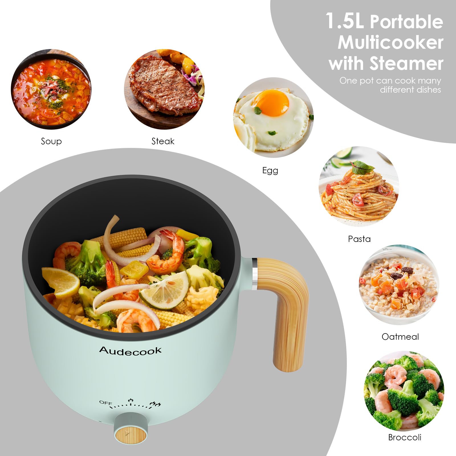 **Audecook 1.5L Electric Hot Pot with Steamer - Portable Nonstick Mini Multicooker for Pasta, Soup, Steak, Eggs & Oatmeal - Dual Power Control Travel Skillet (Green) - Perfect for Dorms, Travel & Small Kitchens**