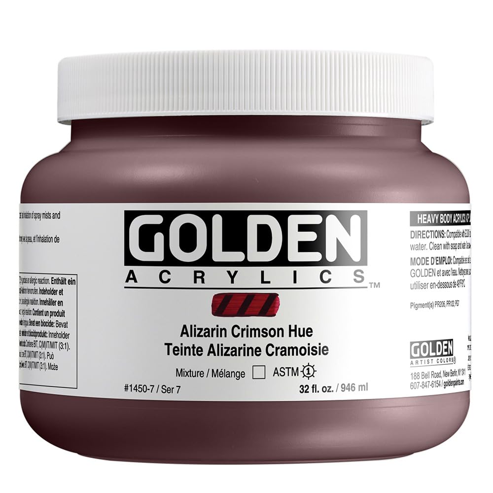 GOLDEN Heavy Body Acrylic Paint - Alizarin Crimson Hue (32 fl. oz Jar) | Professional Grade Transparent Acrylics for Canvas Painting & Fine Art | Perfect for Artists, Studios & Art Classes