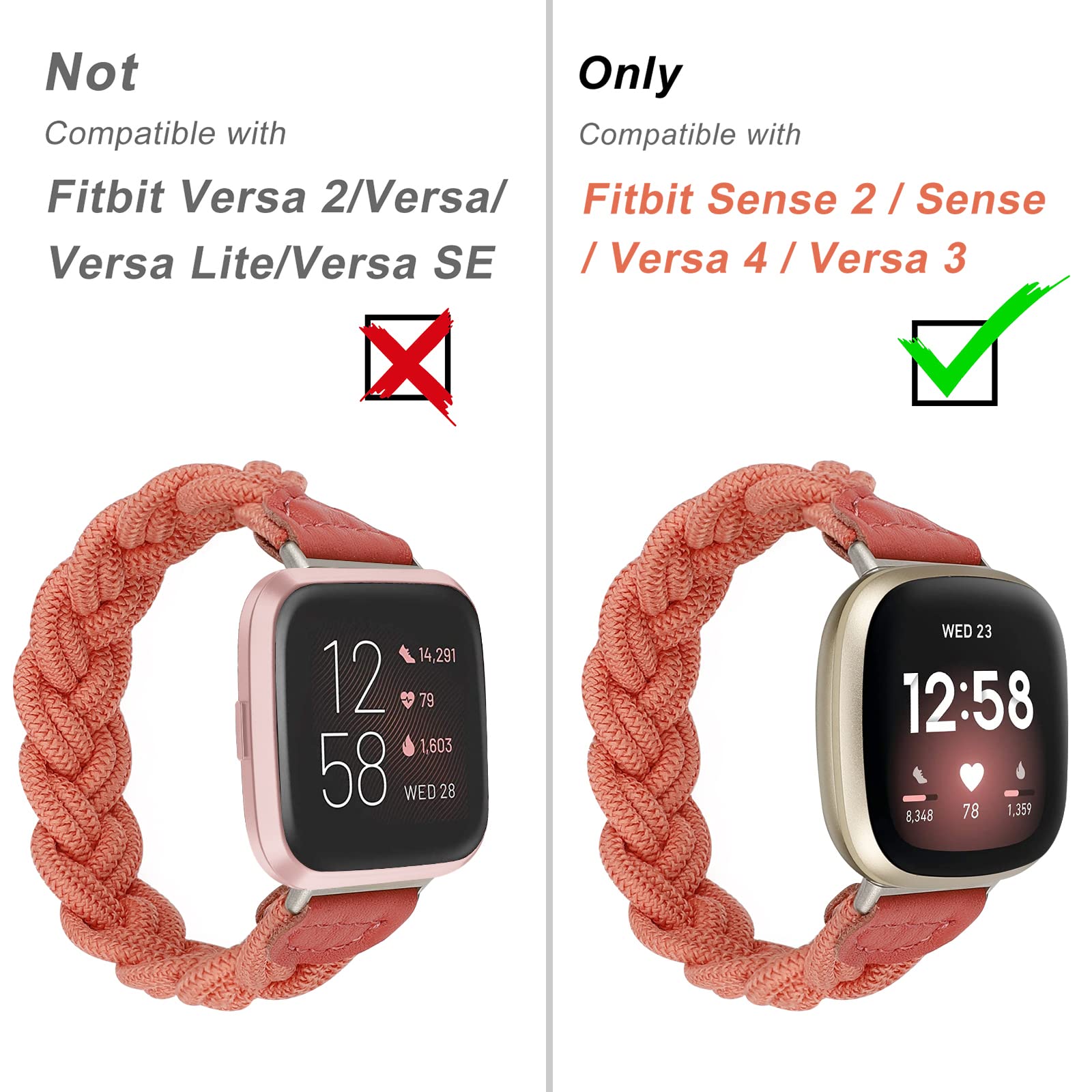 Elastic Braided Solo Loop Band for Fitbit Sense/Sense 2/Versa 3/Versa 4 - Slim Stretchy Woven Wristband Accessory for Women (Hot Pink) | Perfect for Workouts, Running & Everyday Wear