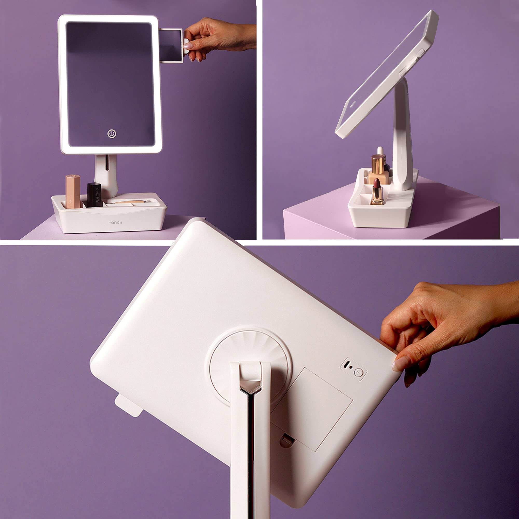 Fancii LED Lighted Large Vanity Makeup Mirror with 10X Magnifying Mirror - Dimmable Natural Light, Touch Screen, Dual Power, Adjustable Stand with Cosmetic Organizer - Perfect for Professional Makeup Artists, Home Vanity & Travel Use