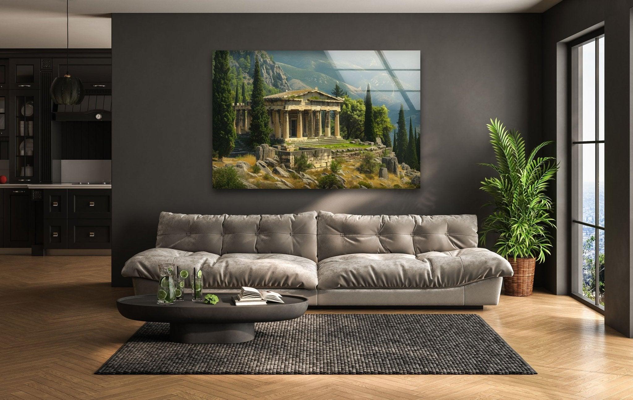 Ancient Greek Temple Stained Glass Wall Art - Handmade Window Panel for Home Decor, Church, and Office