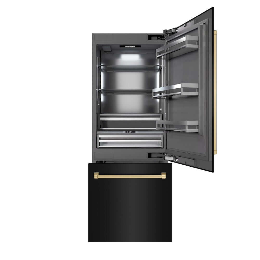 ZLINE Autograph Edition 30-inch 16.1 cu. ft. Built-In Bottom Freezer Refrigerator with Water Dispenser & Ice Maker - Black Stainless Steel, Graphite Gray Interior & Champagne Bronze Accents (GRBIVZ BS 30 CB) | Premium Kitchen Appliance for Modern Homes & Restaurants